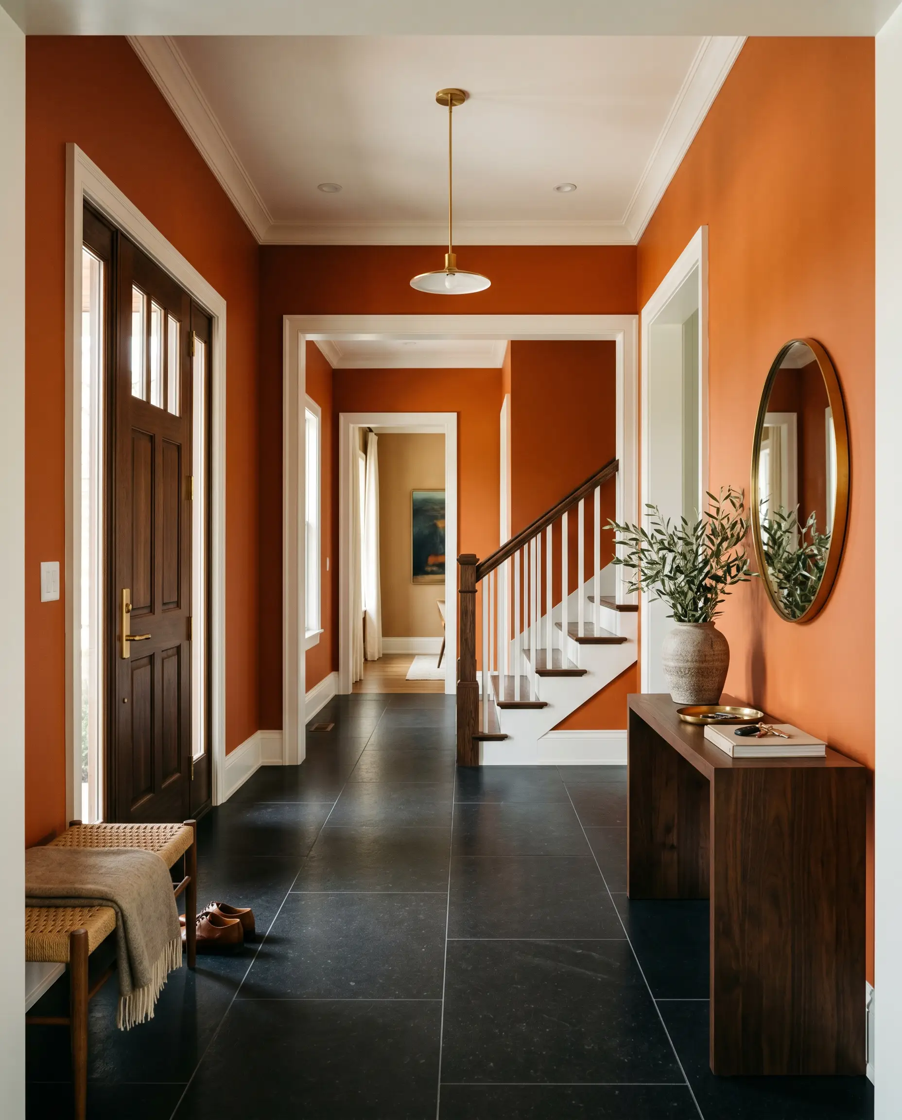 A dark walnut console table and honed black basalt floors anchor a profound entryway wrapped entirely in deeply saturated Sherwin-Williams Knockout Orange (Hex #E16F3E).