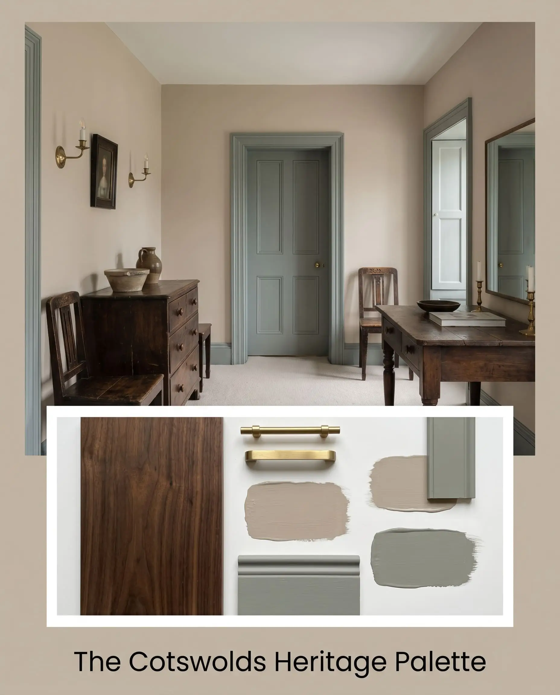 An editorial mood board titled The Cotswolds Heritage Palette pairs Sherwin-Williams Loggia (Hex #C4B7A5) walls with distressed dark walnut furniture, unlacquered brass sconces, and muddy blue-gray trim.