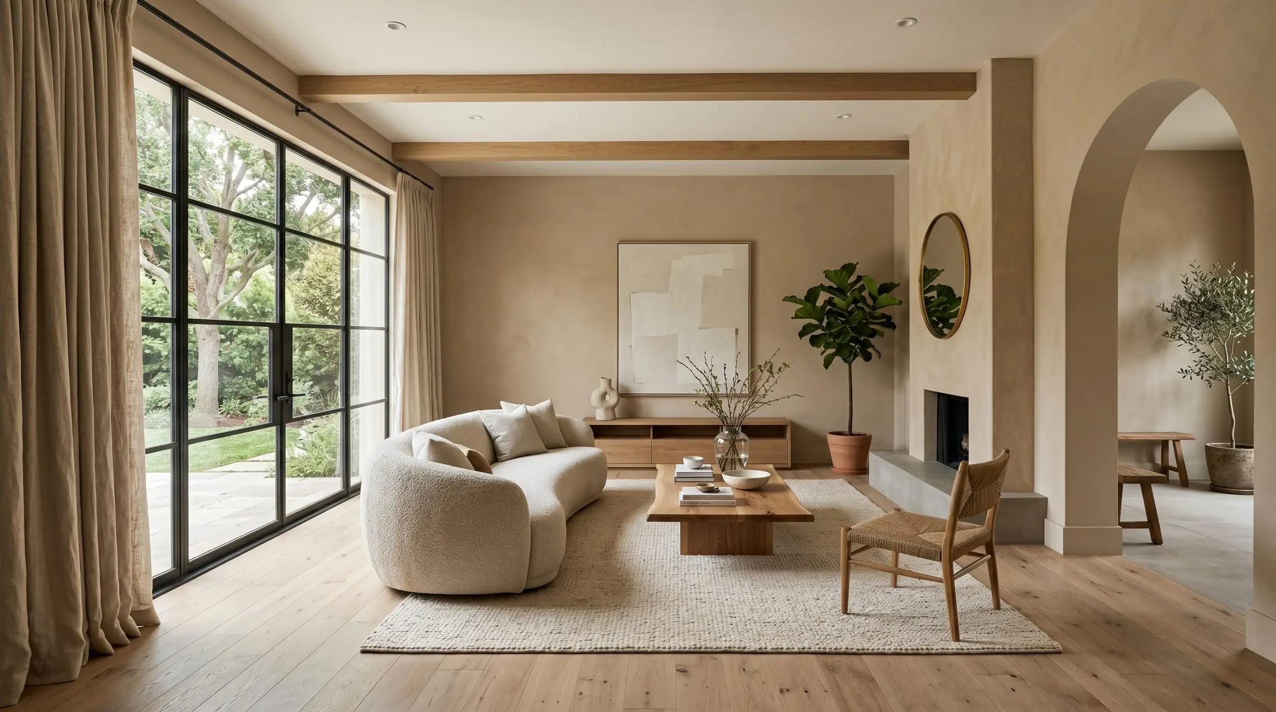Heavy linen drapery, a soft bouclé sofa, and wide-plank European white oak flooring fill a sophisticated living room enveloped in deeply organic earthy neutral walls.