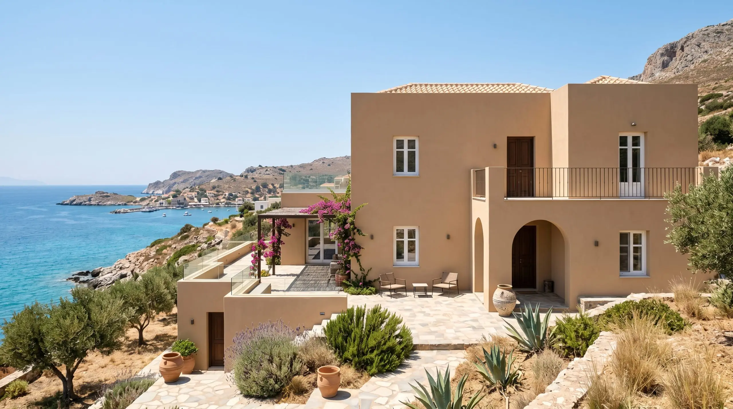 A flat-finish stucco facade painted a sunbaked earthy mid-tone wraps the exterior of a historic coastal Mediterranean villa.