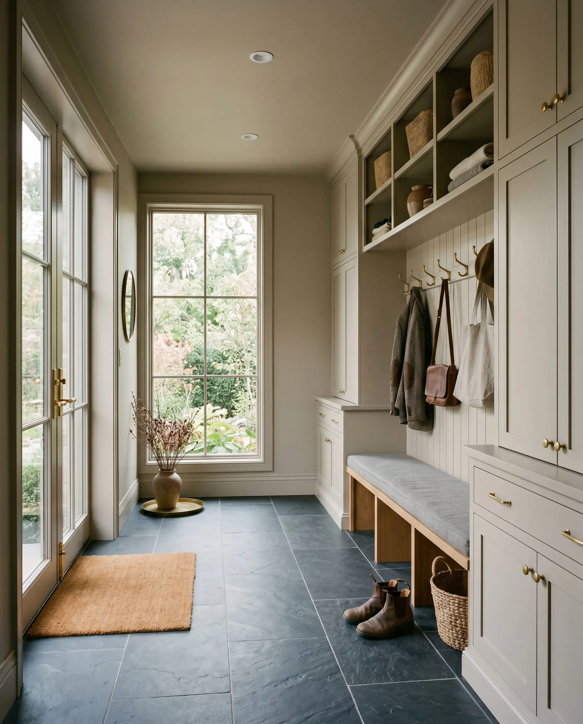 Monolithic floor-to-ceiling cabinetry and beadboard backing are painted in a durable mushroom greige, resting on honed slate flooring with unlacquered brass hooks.