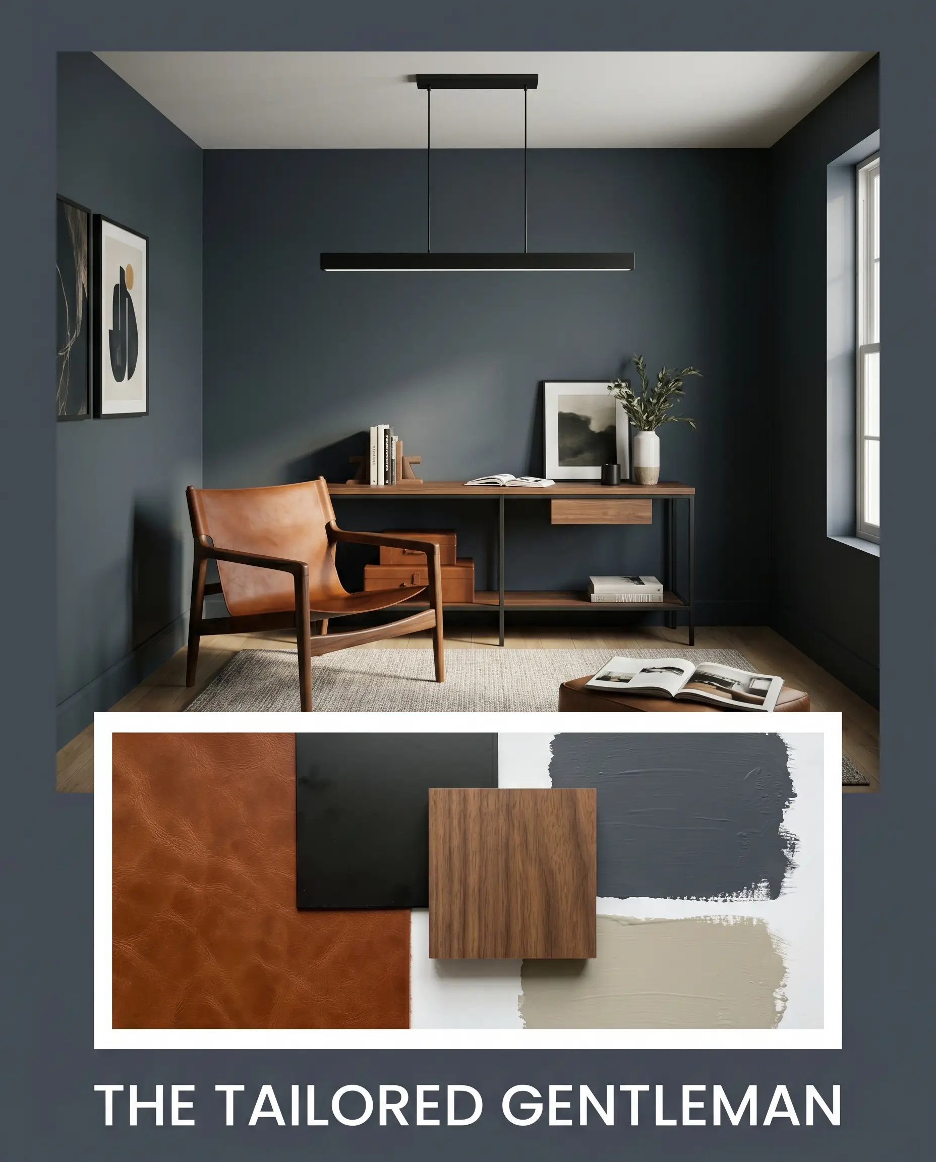 An editorial mood board titled THE TAILORED GENTLEMAN features a dark, moody study above a flat-lay of rich cognac leather, matte black metal, and solid walnut wood blocks.
