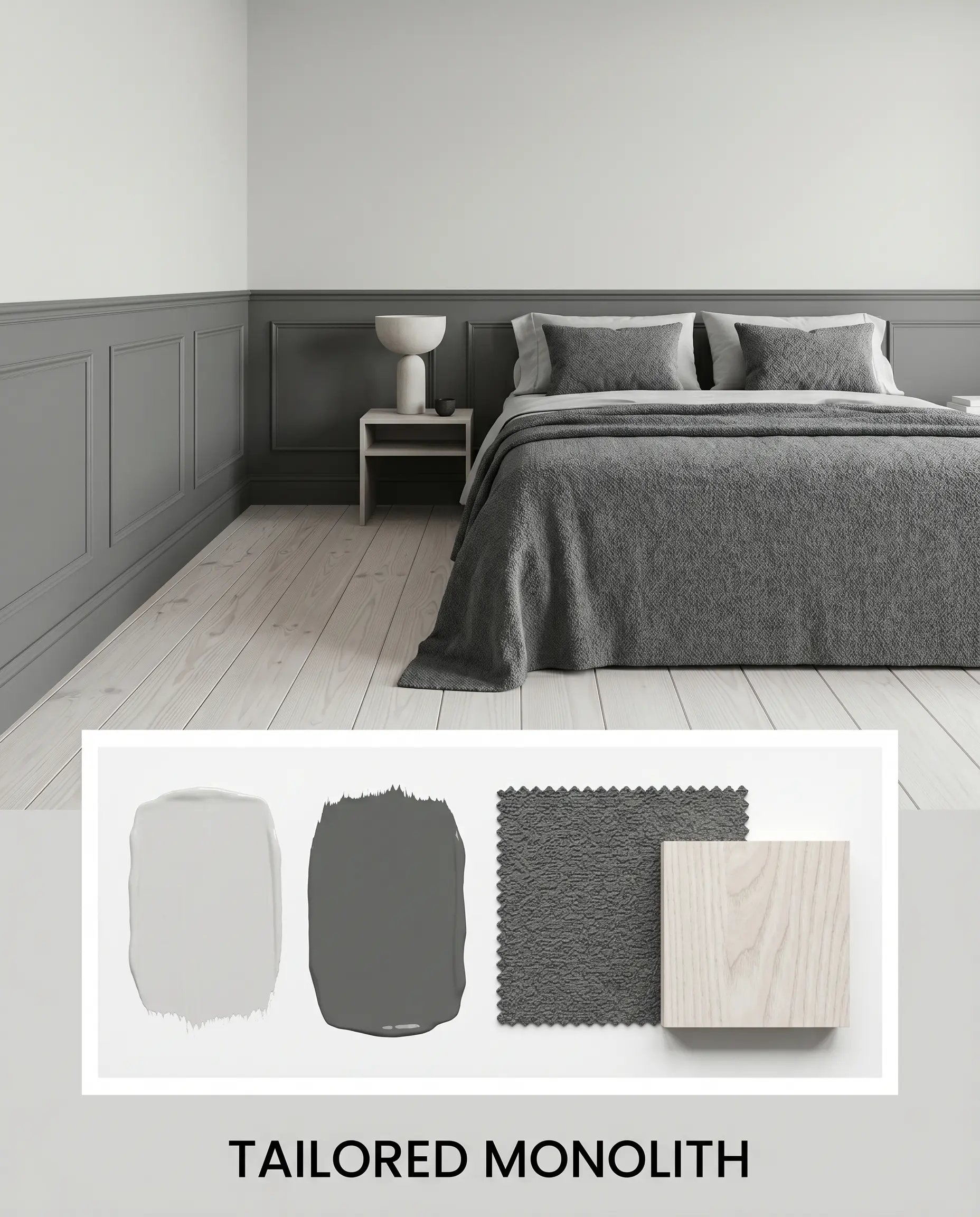 An editorial concept board titled TAILORED MONOLITH pairs a tailored bedroom scene with a flat-lay of twilight grey and dark lead-grey paint applications, heavy slate bouclé fabric, and white-washed ash wood.