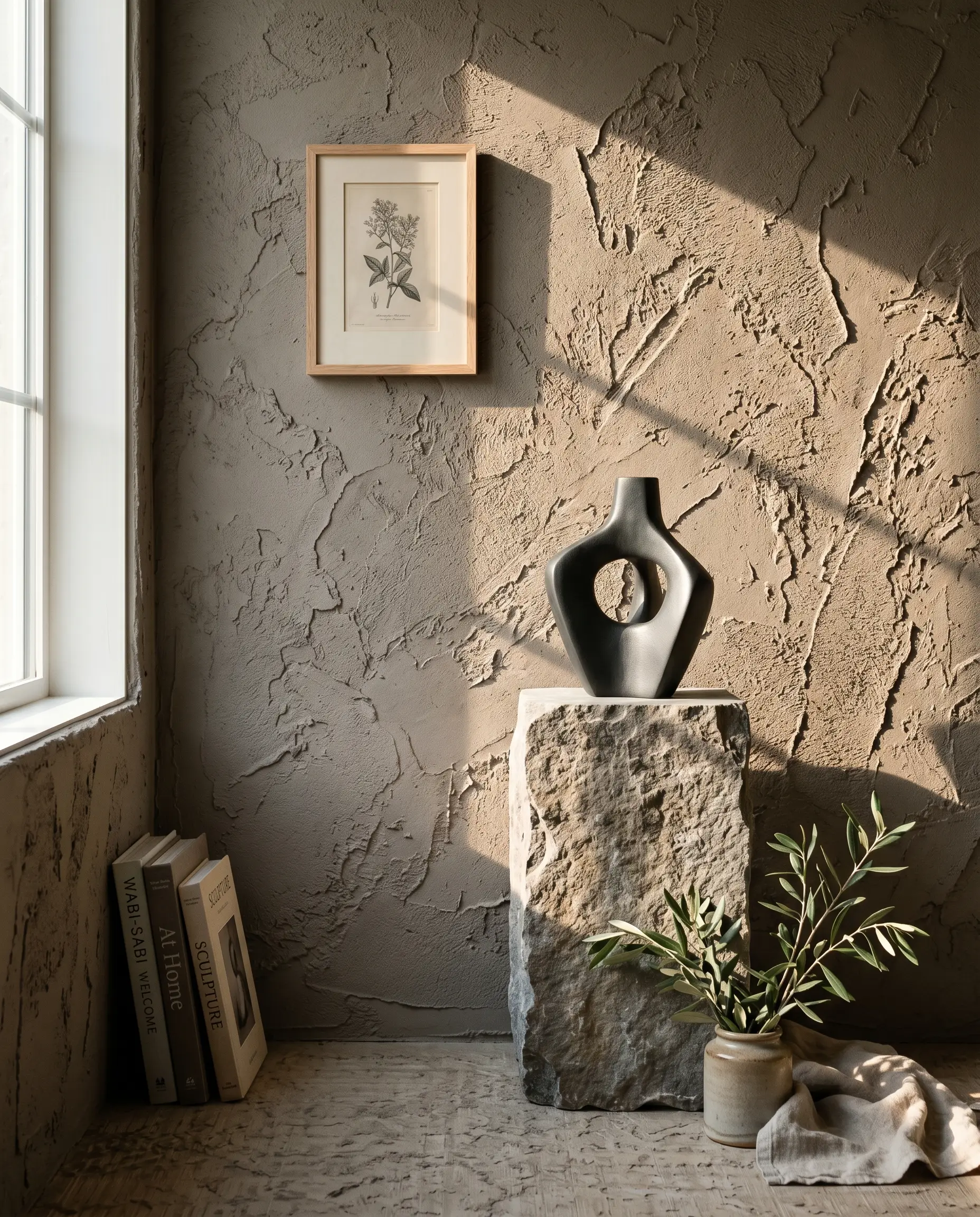 A rough, textured stucco accent wall in warm brown and cool gray tones serves as the backdrop for a tumbled Belgian bluestone pedestal.
