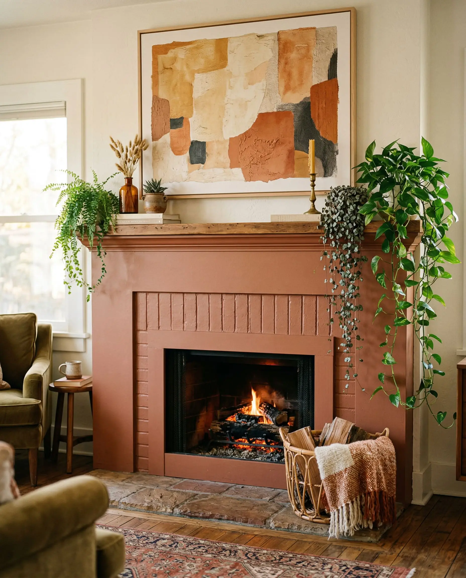 Lush trailing indoor plants drape elegantly over an earthy rust fireplace mantle, complemented by an oversized abstract art piece in warm golden natural light.