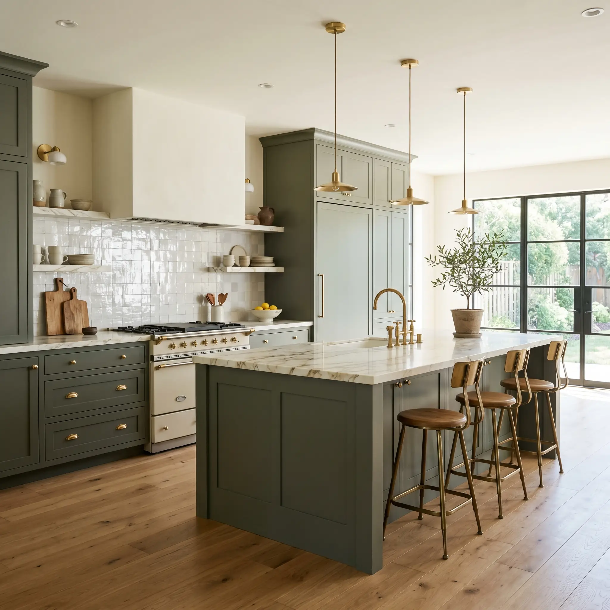 Warm-veined Calacatta gold marble countertops and glazed white zellige tiles contrast sharply against the earthy sophistication of dark olive cabinetry.