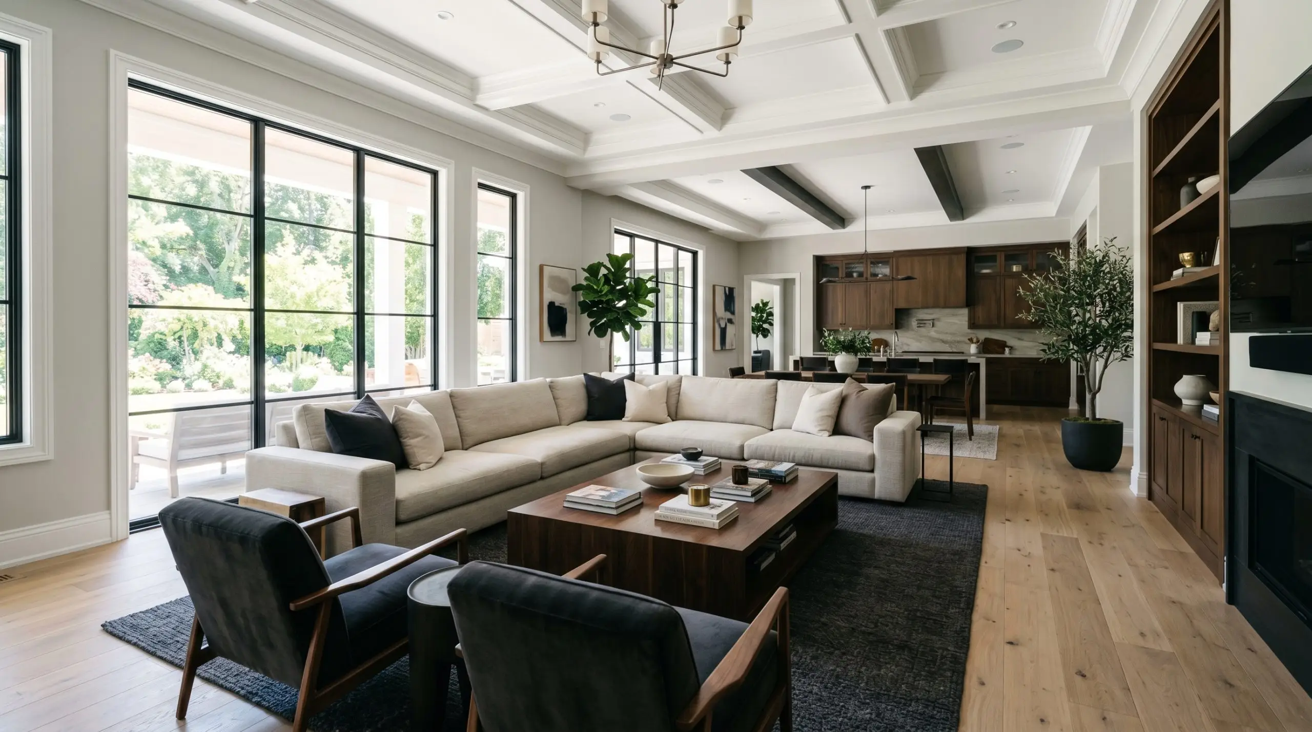 A deep charcoal area rug and dark walnut coffee table ground an open-concept living room painted in Benjamin Moore Morning Dew (Hex #DDDCCD).