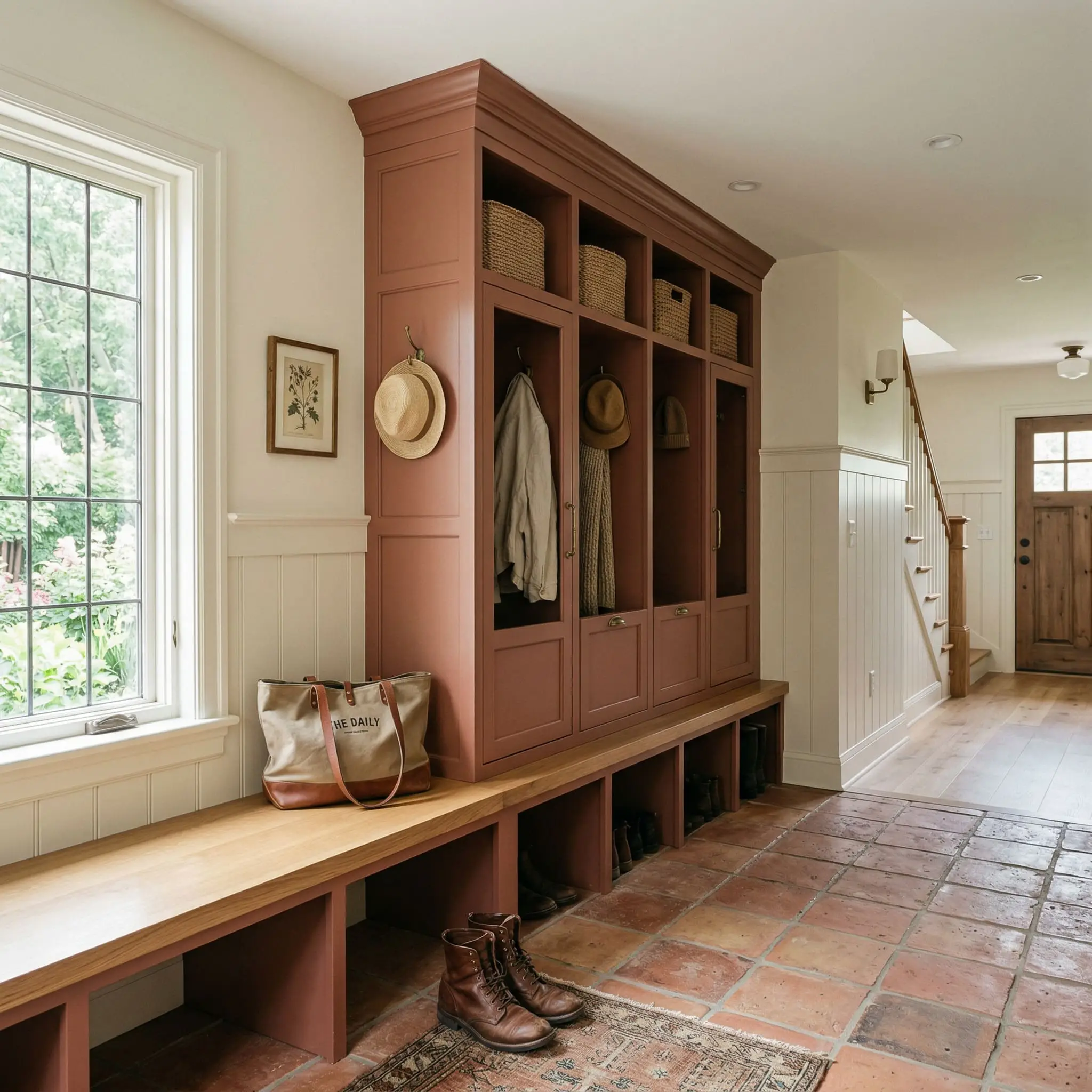 Custom mudroom lockers and built-in cabinetry painted Behr PPU2-12 complement natural terracotta floor tiles and a white oak bench.