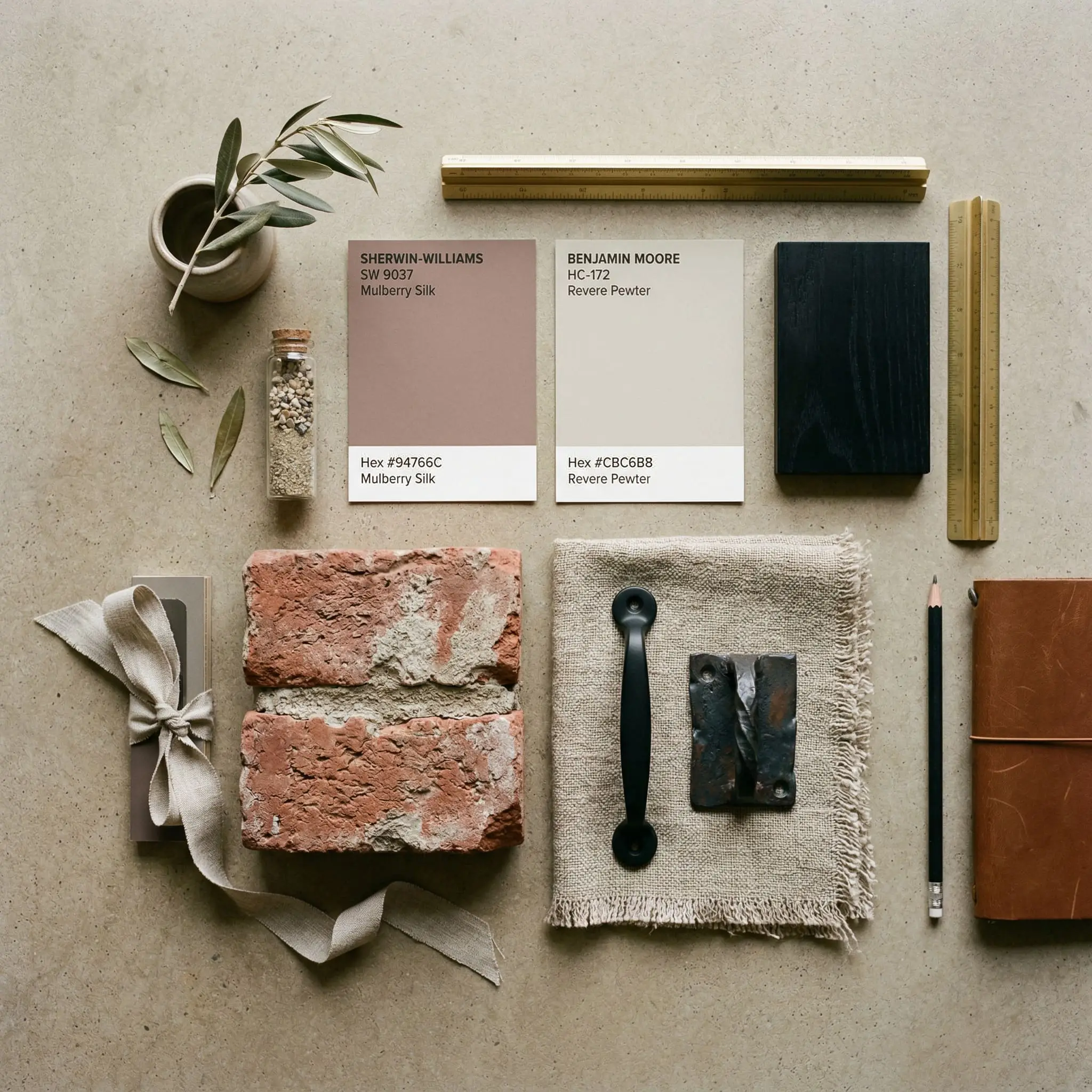 Physical swatches of tumbled red brick, matte black iron hardware, and heavy textured linen surround a painted color card of Sherwin-Williams Mulberry Silk (Hex #94766C).