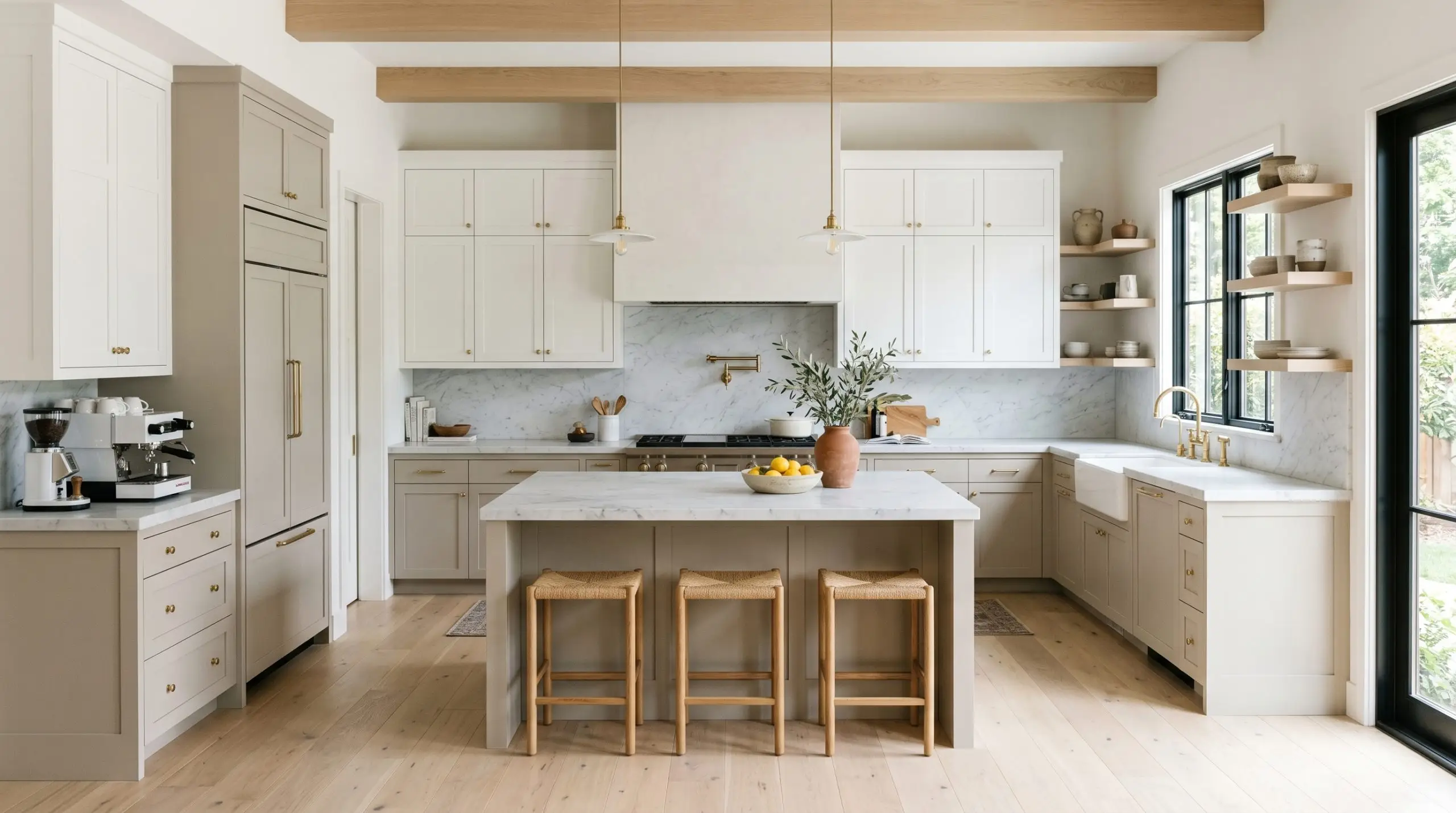 A minimalist two-tone kitchen featuring lower cabinets painted in Benjamin Moore Morning Dew (Hex #DDDCCD), stark white upper cabinets, and honed Carrara marble countertops.