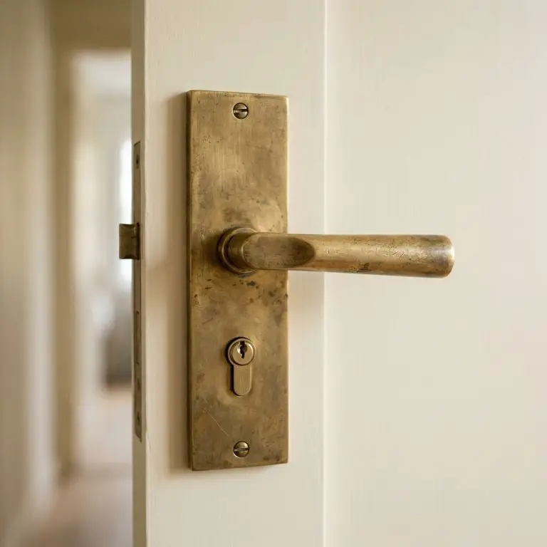 Close-up of a heavy unlacquered brass escutcheon plate and lever mounted on a smooth, creamy white solid-core door.