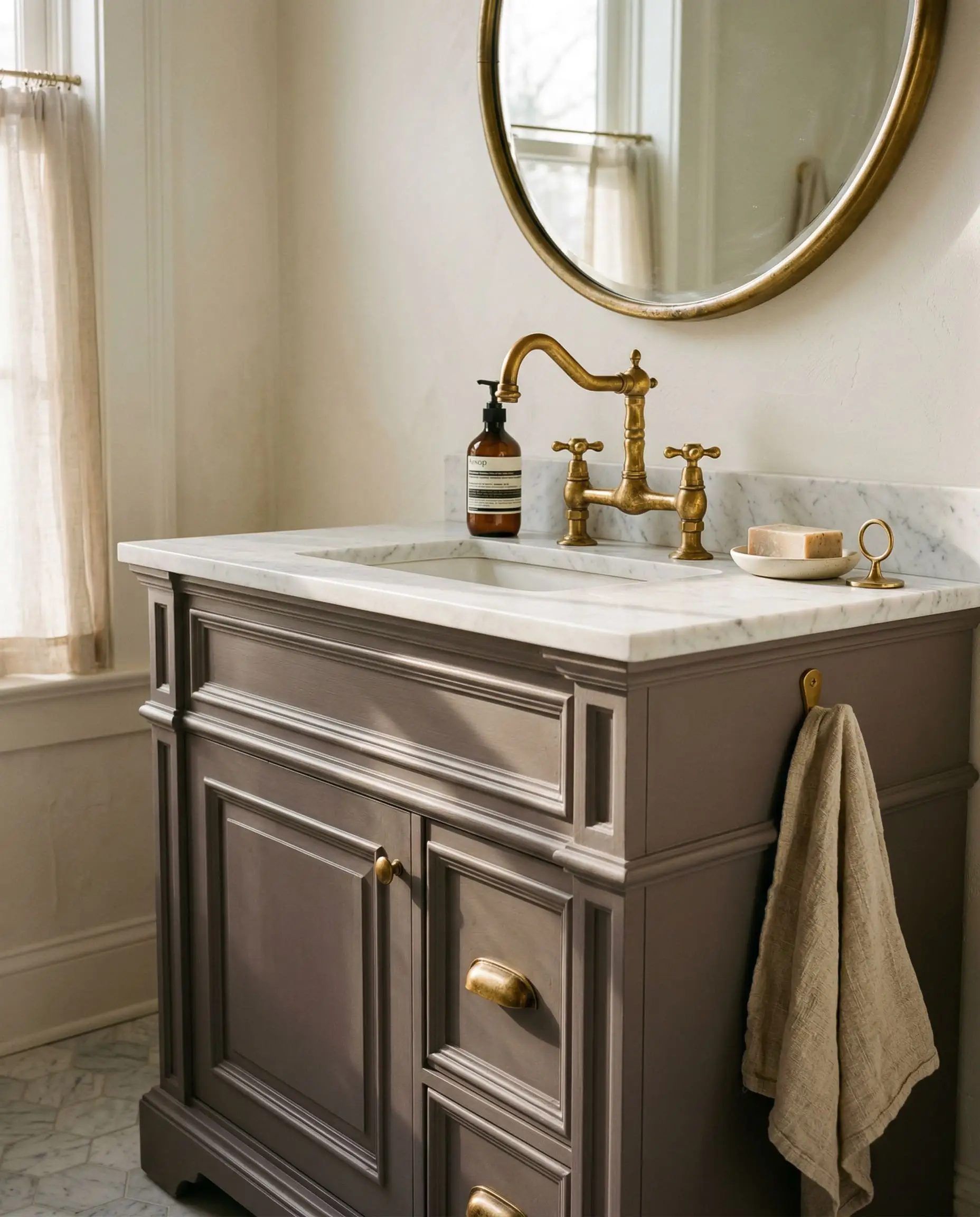 Unlacquered brass hardware casts a golden reflection against heavily milled wood painted in a rich taupe-gray hue.