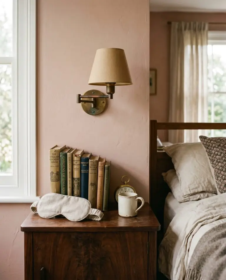 An unlacquered brass reading sconce casts a practical glow over a dark walnut nightstand stacked with vintage hardcover books and a linen eye mask against a dusty pink wall.