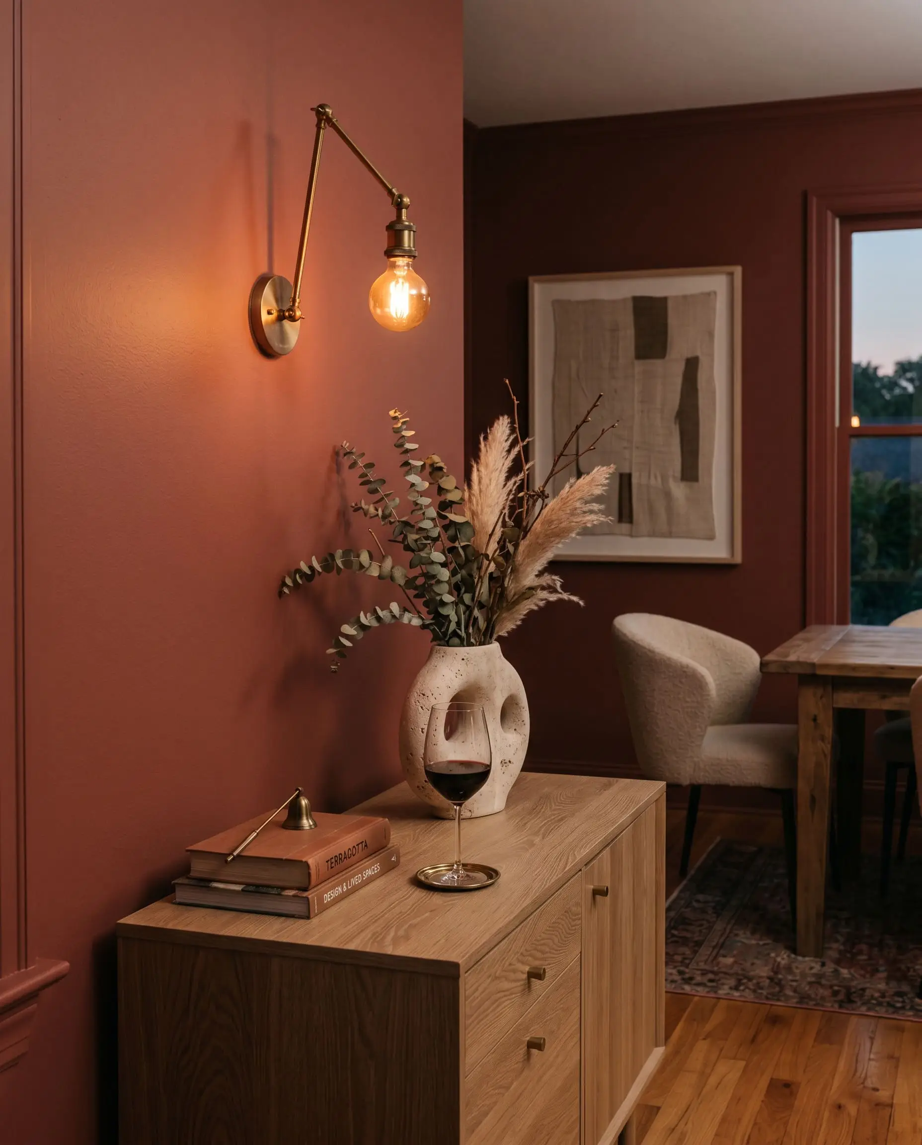 An unlacquered brass wall sconce casts a warm glow against dark terracotta walls above a white oak credenza holding a travertine vase.