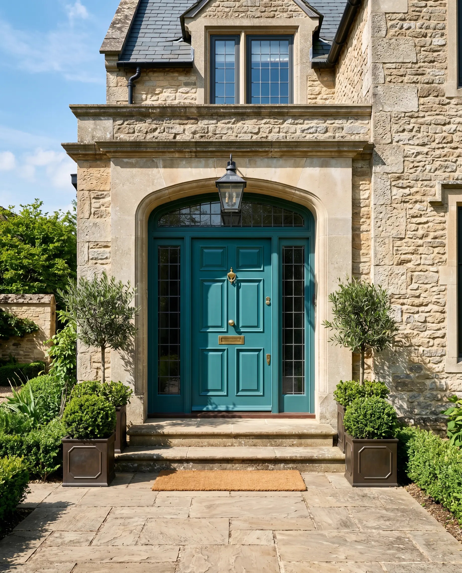 A grand exterior front door painted in Farrow & Ball Vardo (Hex #427f83) stands out brilliantly against neutral, textured natural stone siding.