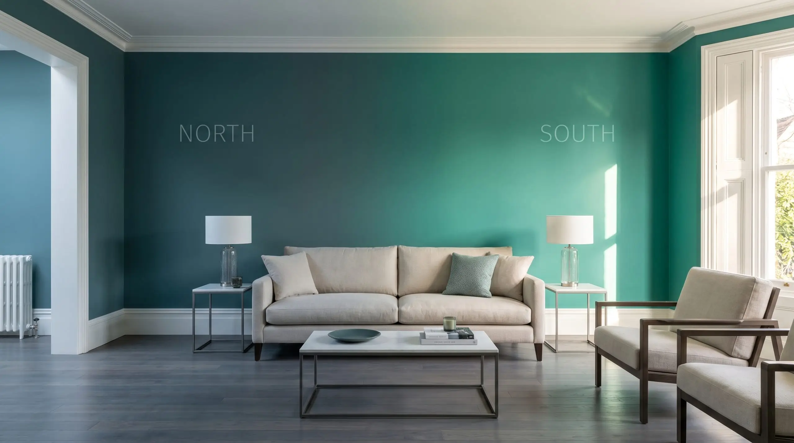 A single transitional living room wall shifts from a subdued moody teal in cool Northern exposure to a vibrant jewel tone in warm Southern sunlight.