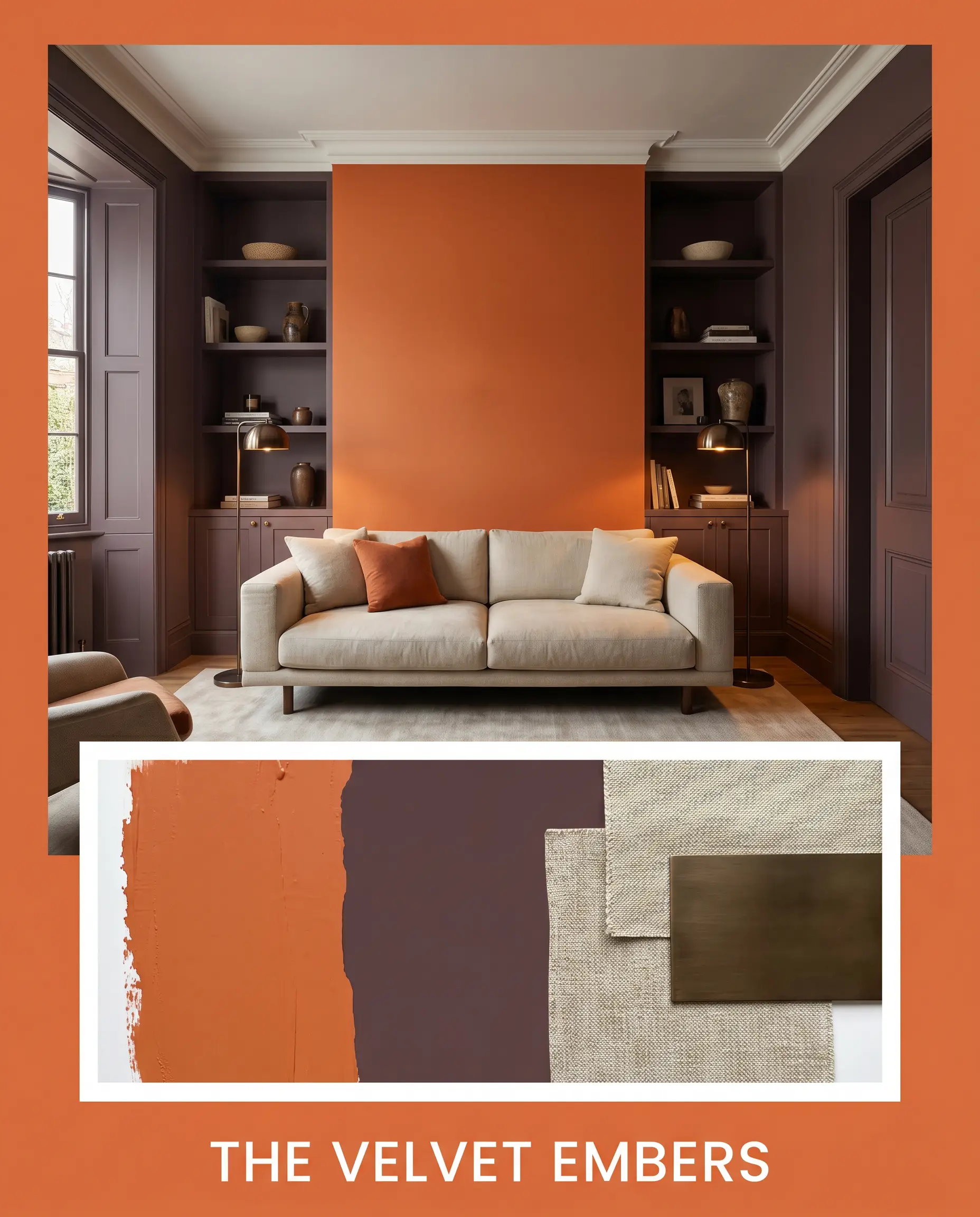An editorial layout titled THE VELVET EMBERS showcases a heavy-weight unbleached oat Belgian linen sofa alongside vivid earthy orange and muddy eggplant paint textures.