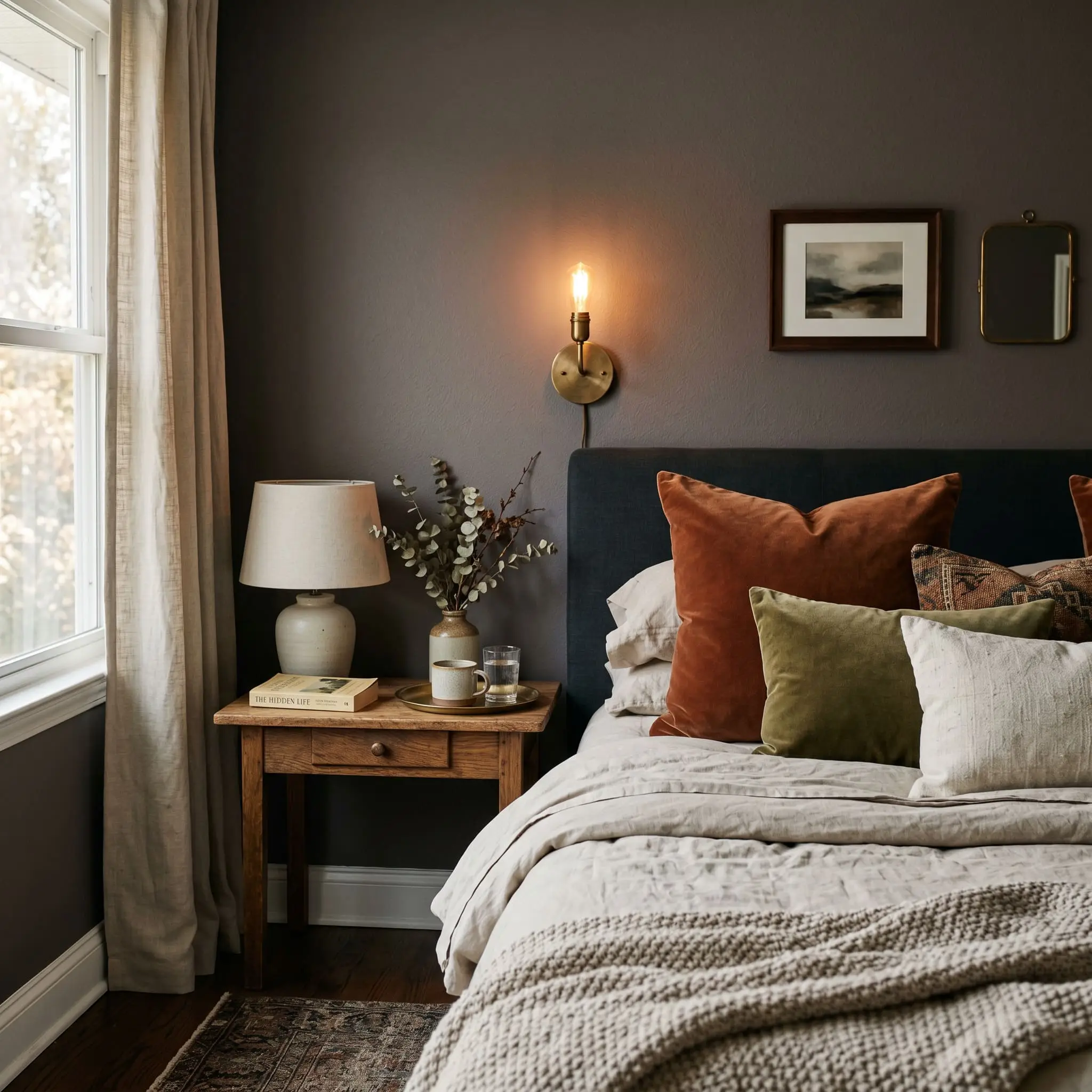 An unlacquered brass wall sconce casts a warm glow against subdued rose-violet walls, illuminating rich velvet pillows on a curated, lived-in bed.