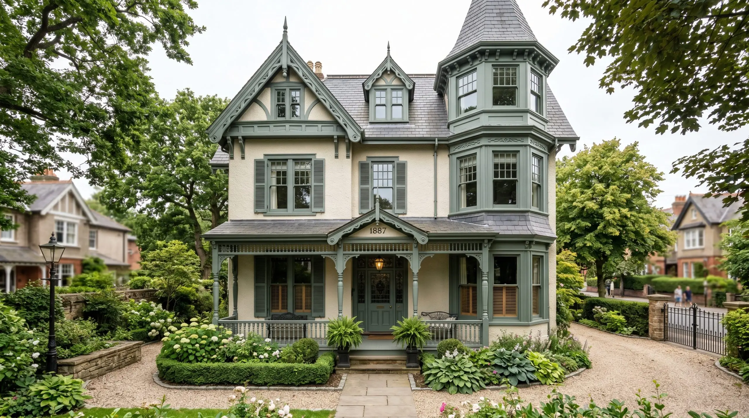 Weathered slate-green intricate exterior window sashes, shutters, and fascia boards pop beautifully against the classic cream stucco masonry of a historic Victorian home.