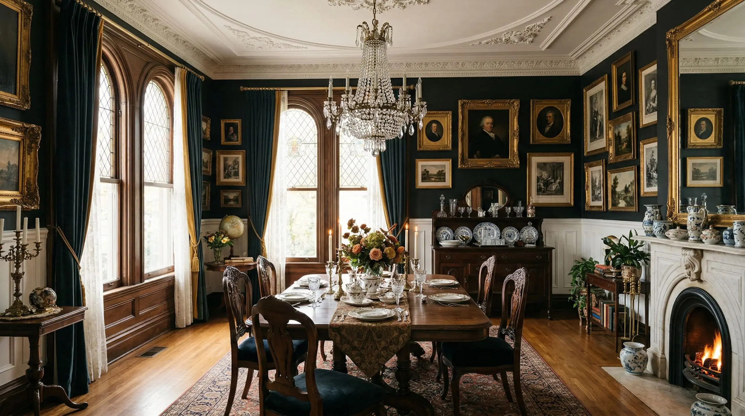 Warm natural light streams into a Victorian dining room featuring upper walls painted in Sherwin-Williams Perle Noir (Hex #4F4D51) above crisp Chantilly Lace wainscoting.