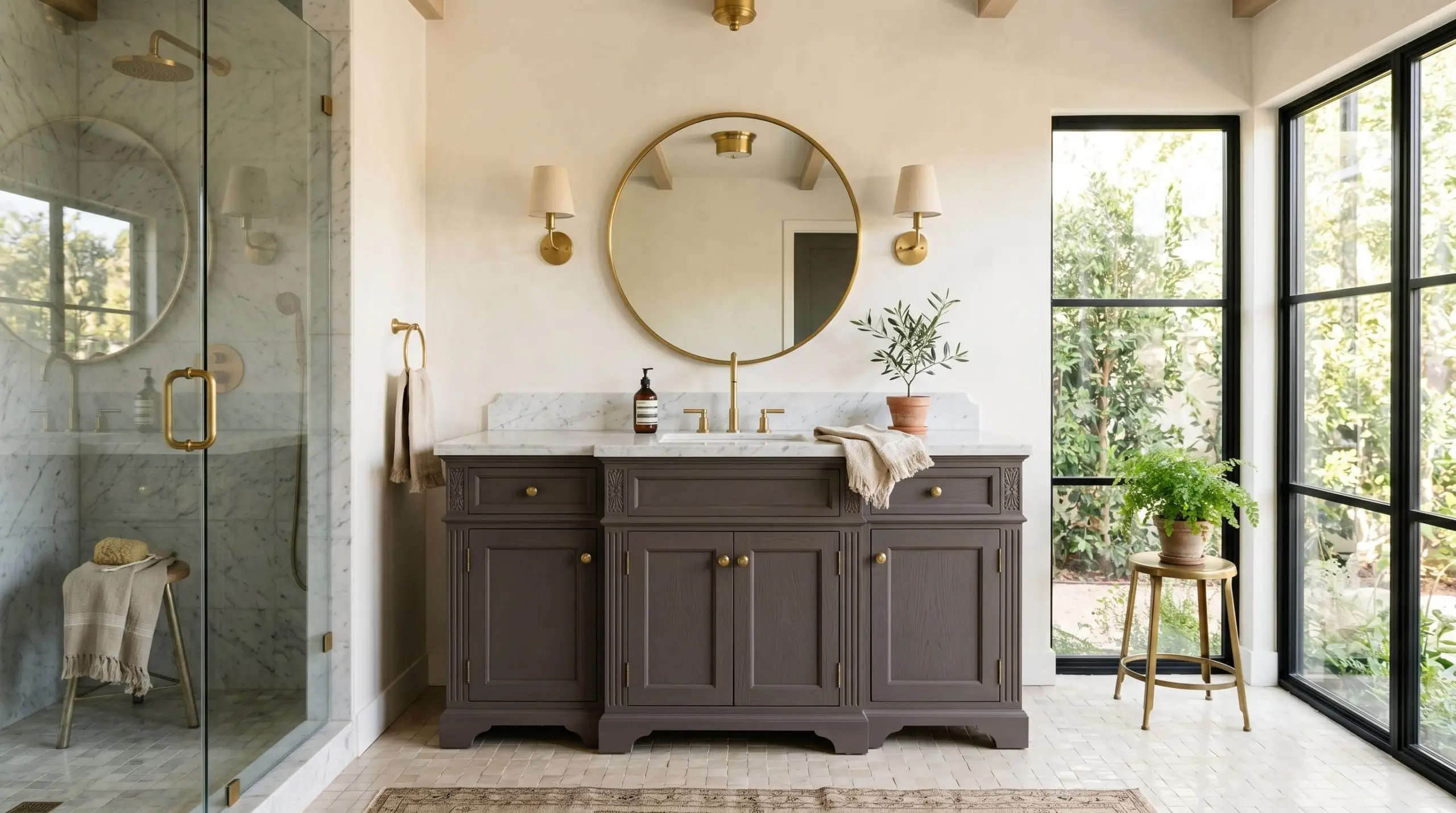 A vintage, heavily milled bathroom vanity painted in Behr Curtain Call (Hex #70666A) features unlacquered brass hardware and honed Carrara marble countertops.