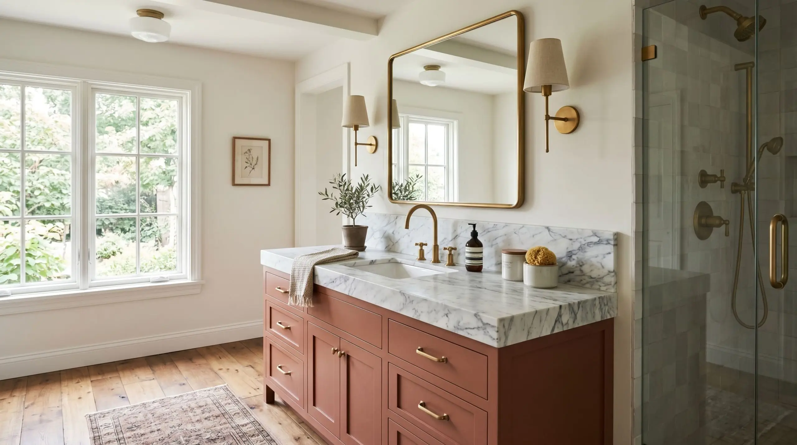 A custom vintage bathroom vanity painted Behr Terra Cotta Urn (Hex #b06f60) features unlacquered brass hardware and a heavily veined Carrara marble countertop.