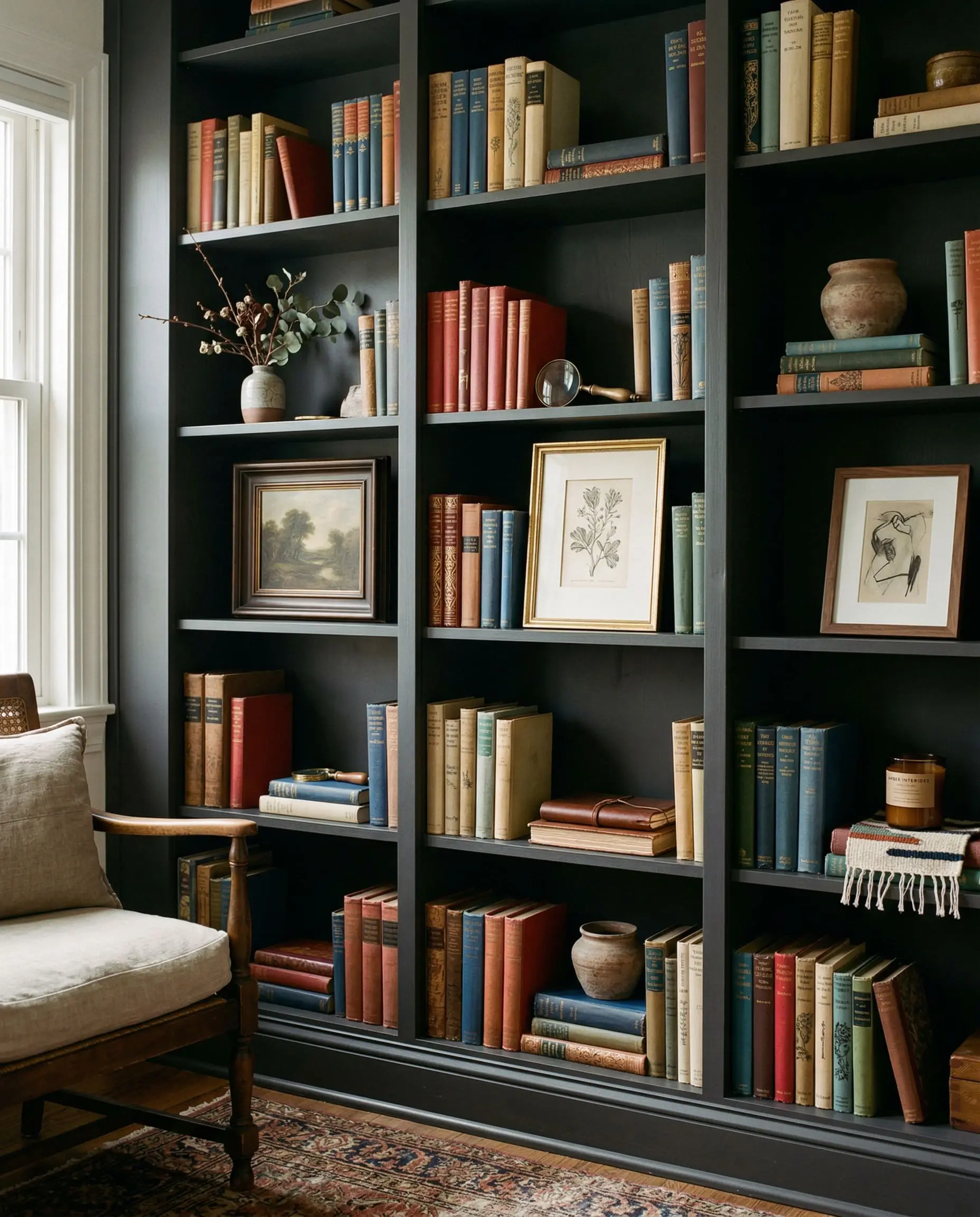 Colorful vintage book bindings and small framed artwork pop vividly against the receding dark backdrop of deeply shadowed millwork cubbies.