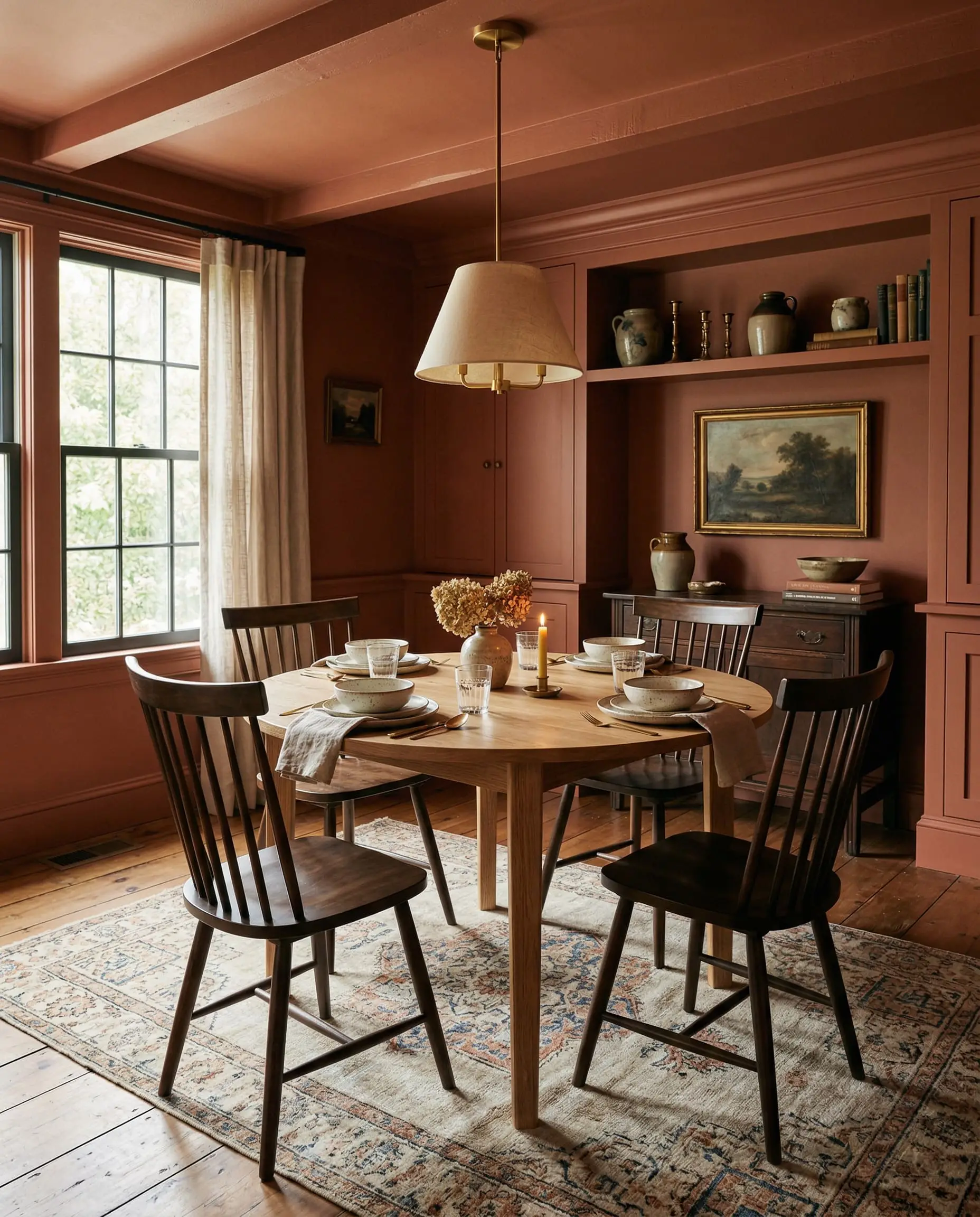 A round white oak table and a vintage Persian rug sit within an intimate dining space fully enveloped in a sun-baked clay paint.