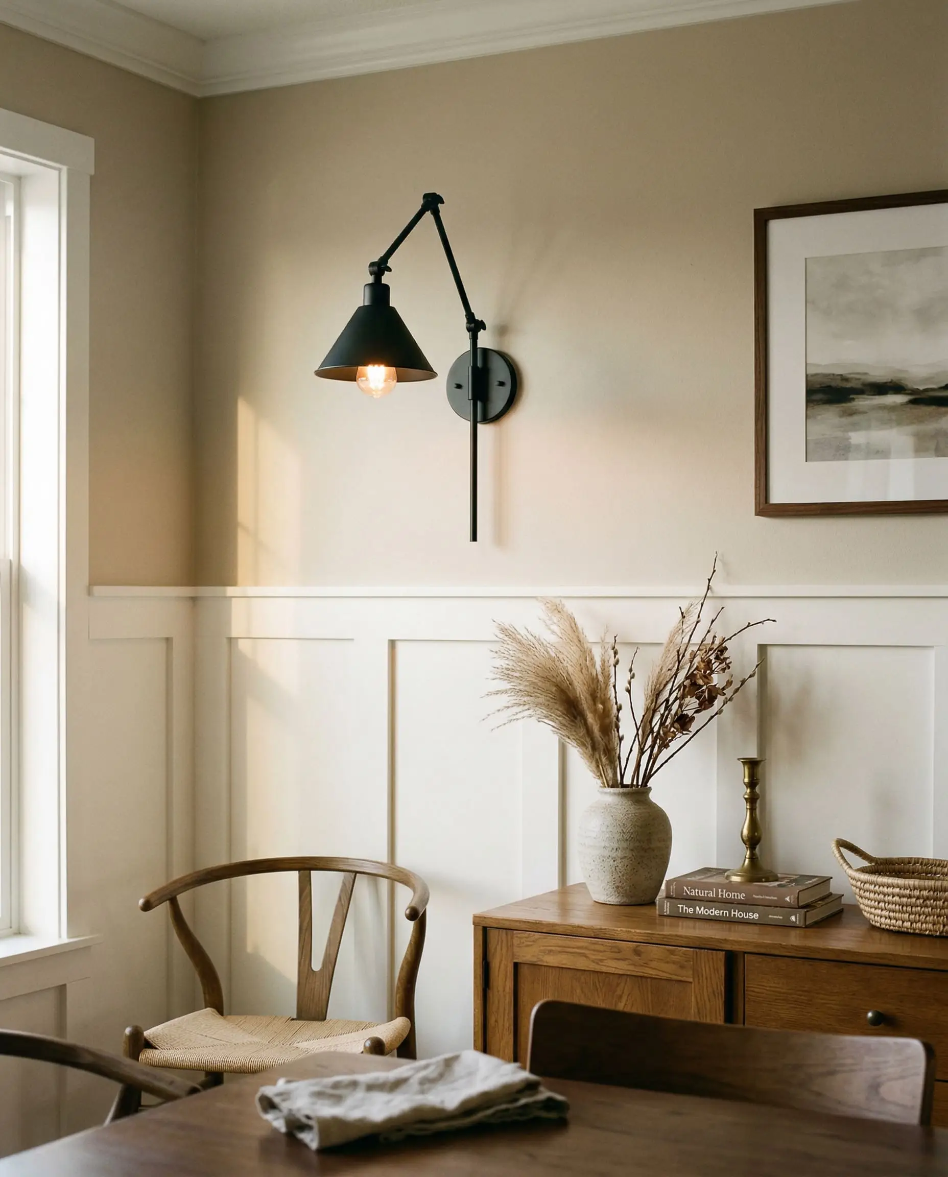Warm golden-hour sunlight grazes the razor-sharp transition between Behr's creamy beige upper walls and crisp white lower board-and-batten, accented by a matte black wall sconce.