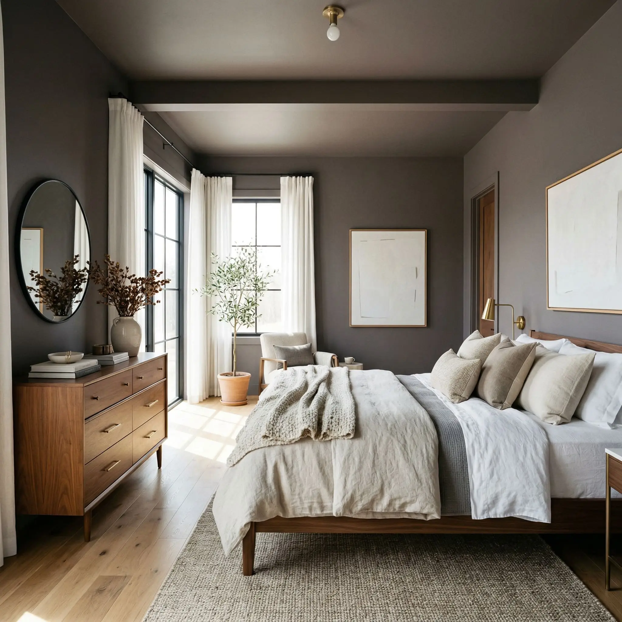 A warm walnut wood dresser and neutral bedding sit against moody neutral walls and ceiling in a minimalist primary bedroom.