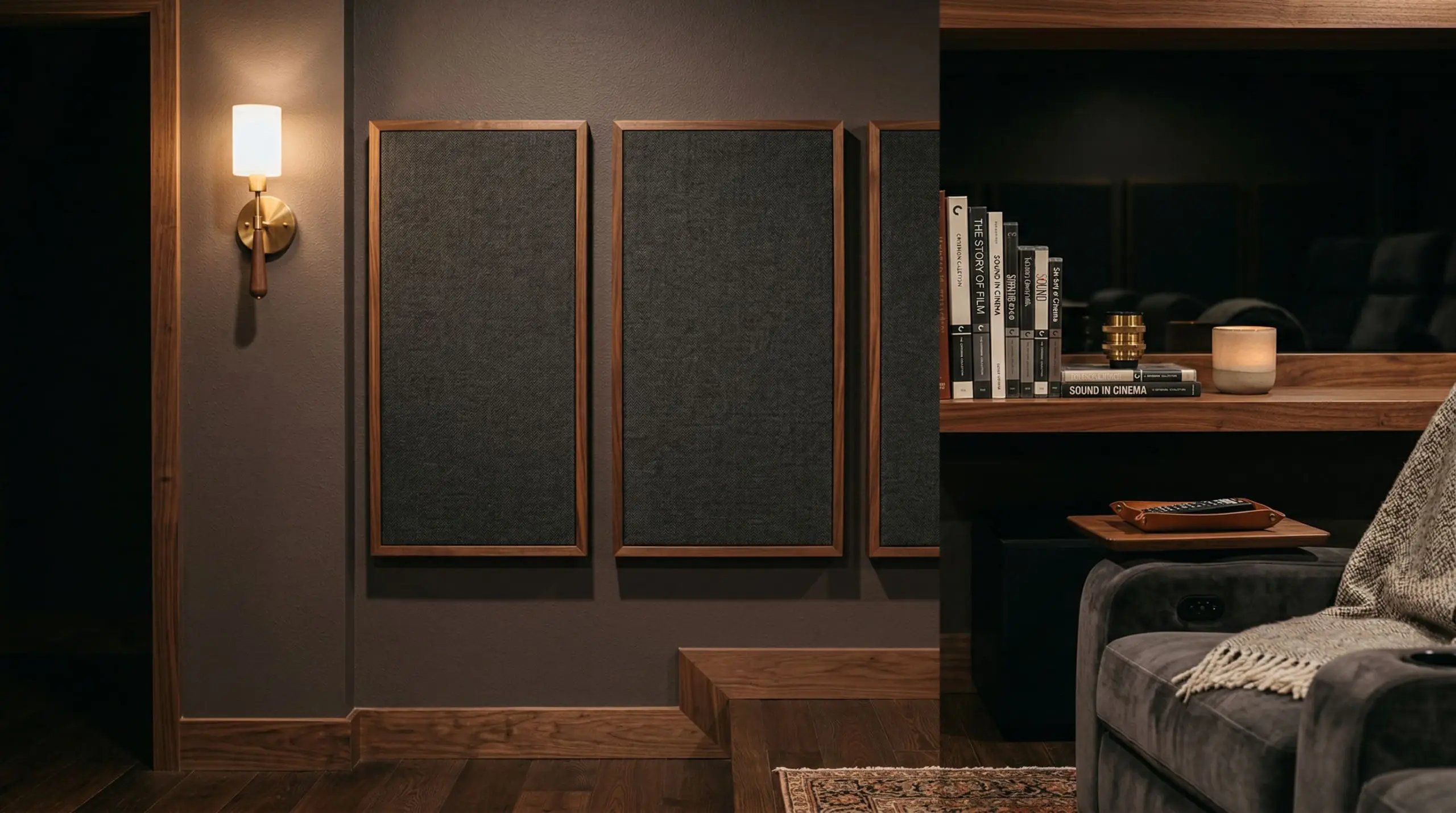 Warm walnut wood trim details home theater acoustic panels mounted on a deep plum-gray wall under low ambient sconce lighting.