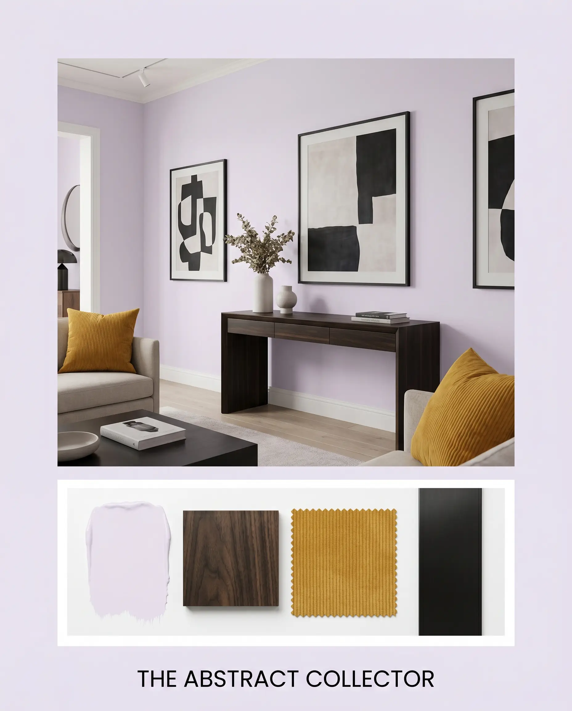 An editorial flat-lay combines an ebonized walnut wood sample, mustard yellow corduroy fabric, and matte black steel against a soft violet architectural finish.