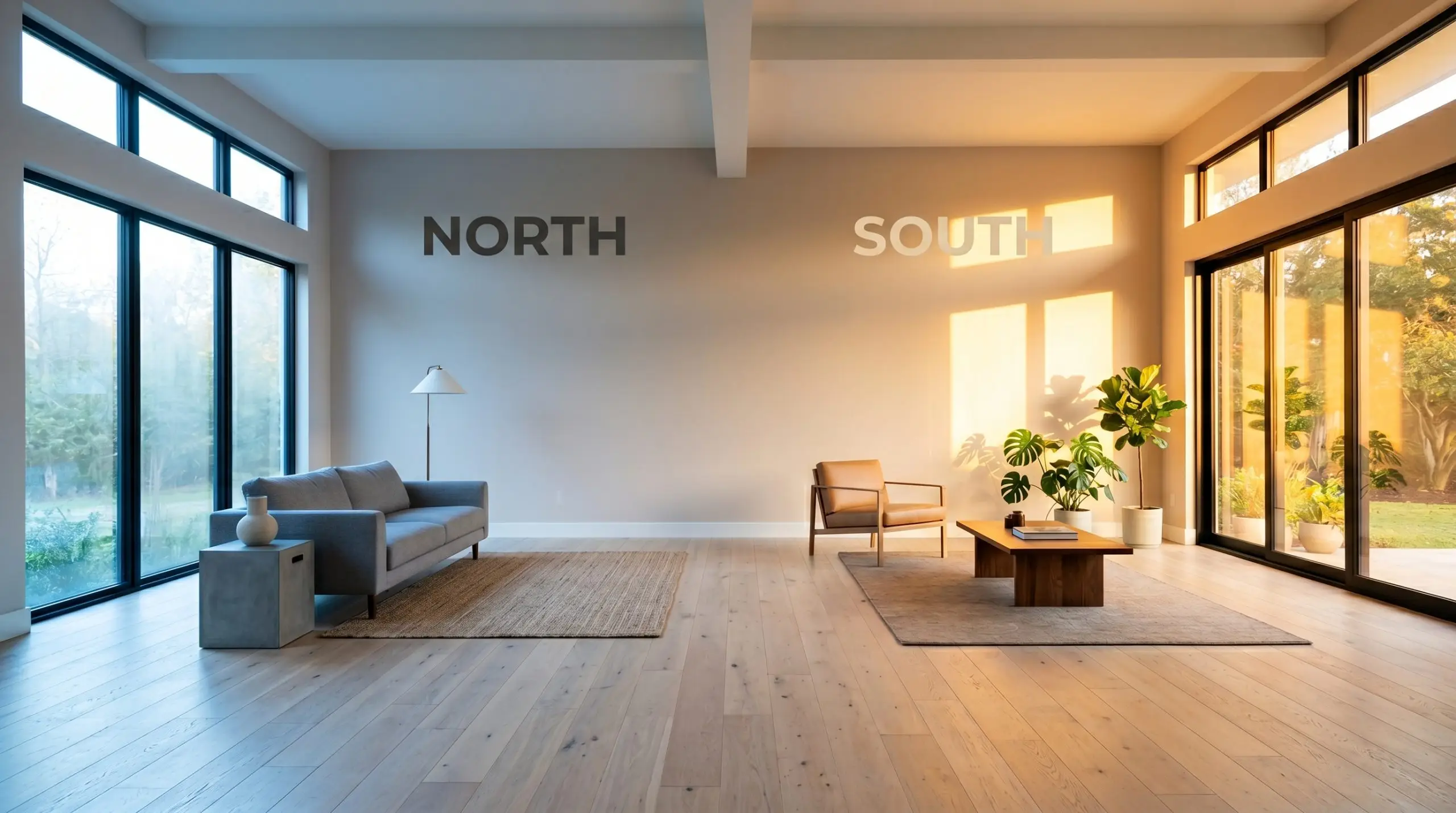 A continuous living room wall painted in PPG Sandy Beach (Hex #e9dad2) demonstrates ambient lighting effects, shifting from cool blue-tinted Northern light to vibrant warm Southern sunlight.