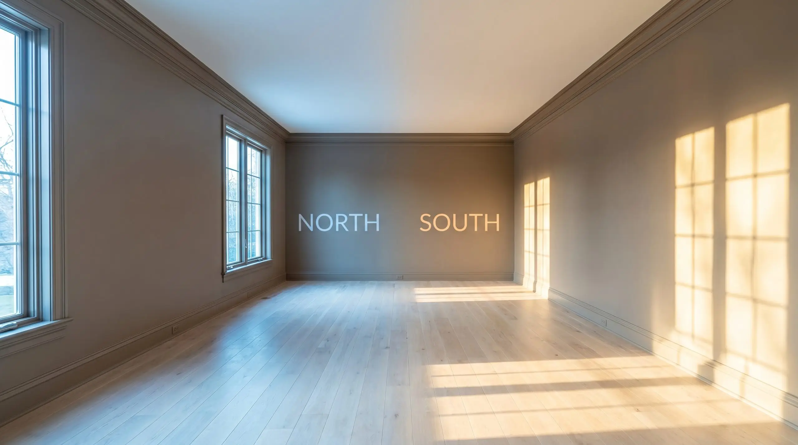A split-screen reveals the ambient lighting shift of Behr Wild Truffle (Hex #8b7f76) in an empty transitional dining room, moving from a muted brown-gray cast in cool Northern light to tonal warmth in warm Southern exposure.