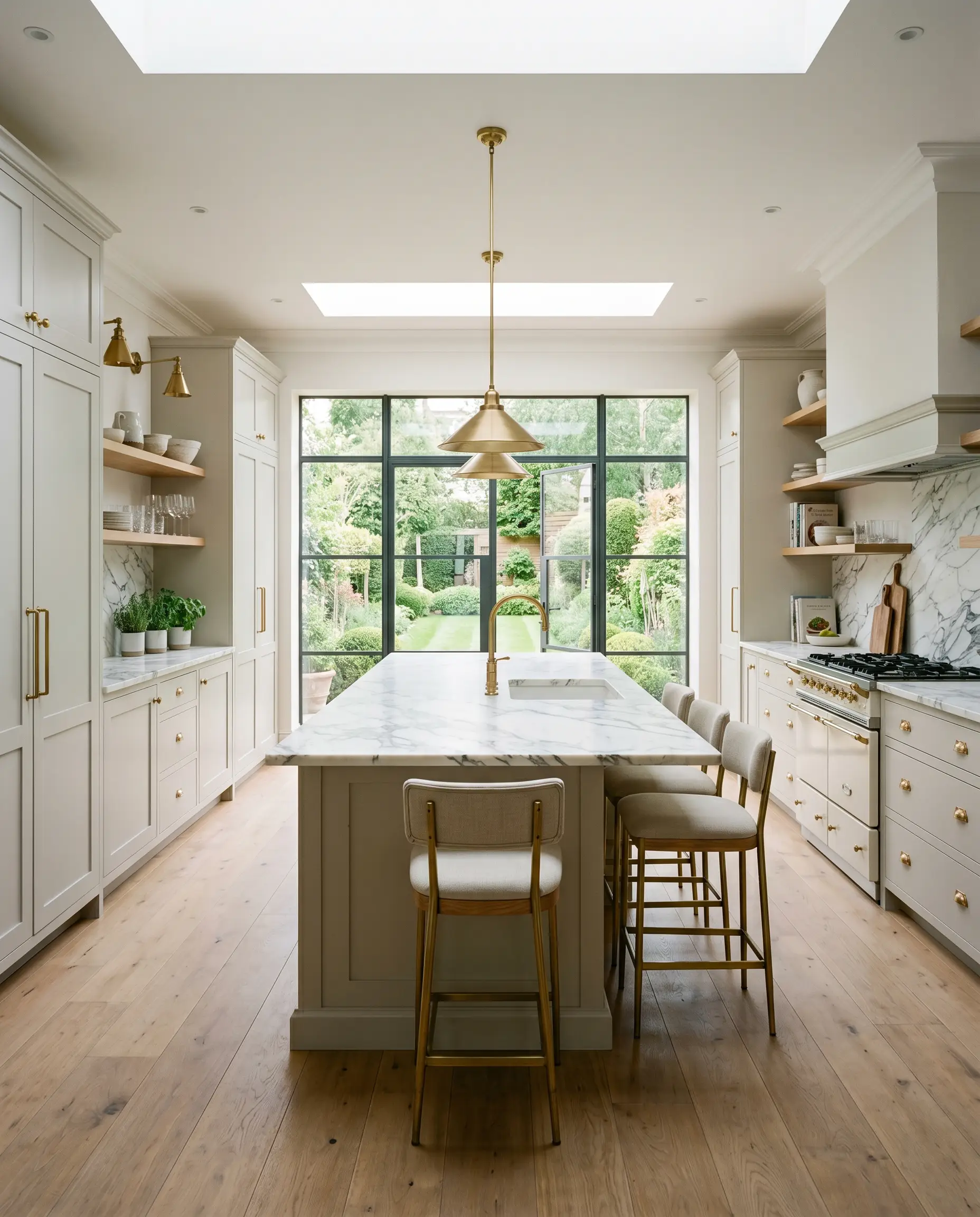 Sophisticated kitchen cabinetry painted in Farrow & Ball Ammonite (Hex #d8d6cf) supports heavily veined Calcutta marble countertops, a large center island, and burnished brass hardware.