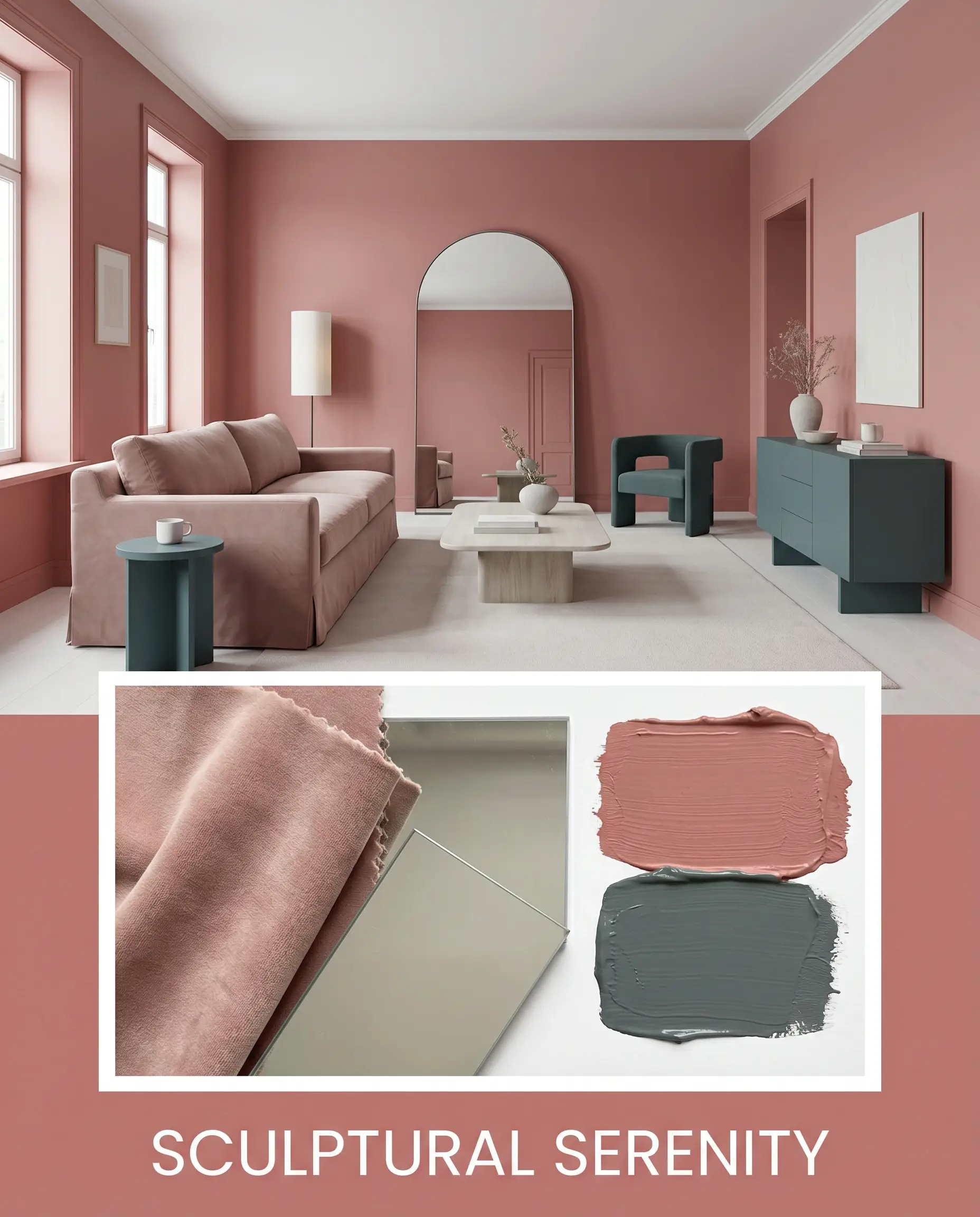 A gallery-like living space showcases a plush slipcovered sofa and an oversized arched floor mirror alongside a flat-lay of slipcover fabric and mirrored glass.