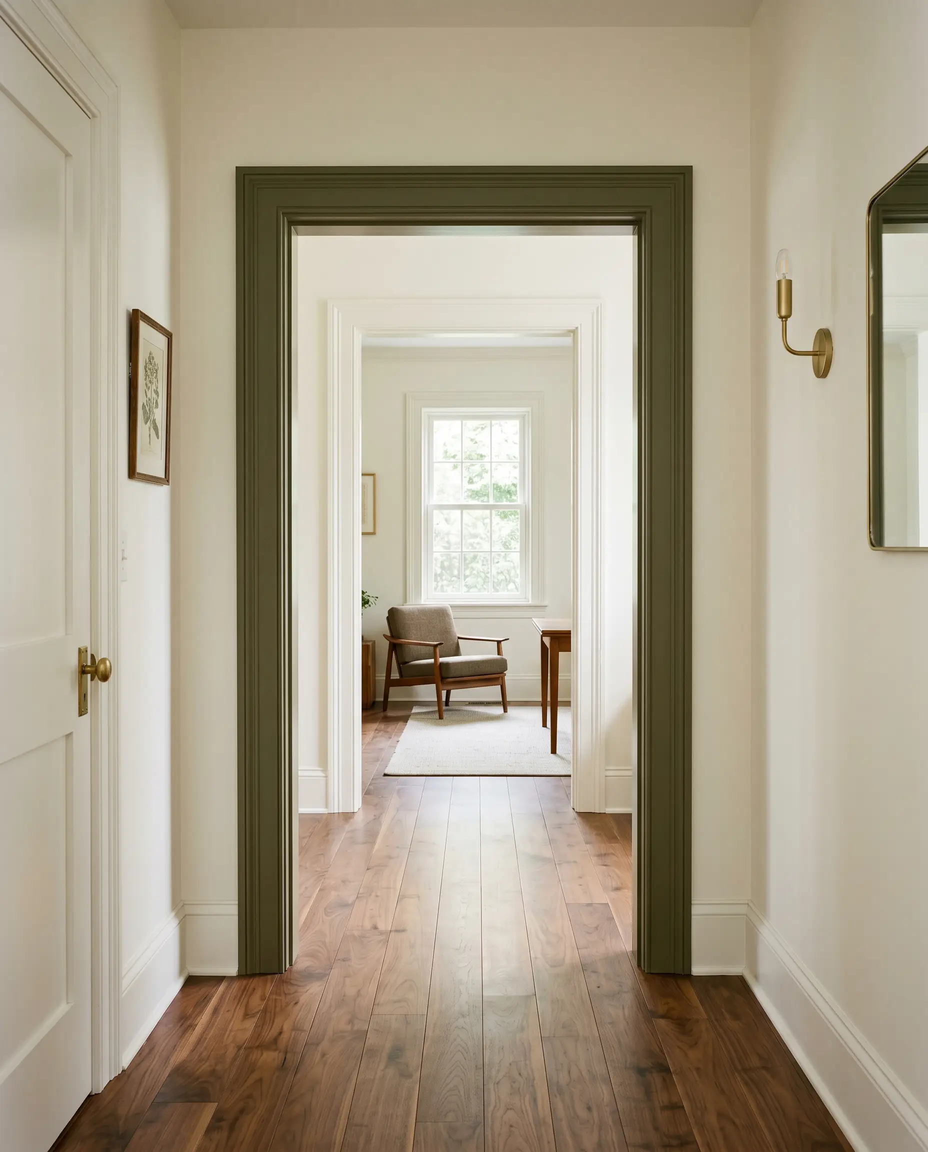 An architectural cased opening features a muddy sage interior framing that contrasts with crisp white surrounding walls, highlighting natural walnut flooring that leads into the adjacent room.