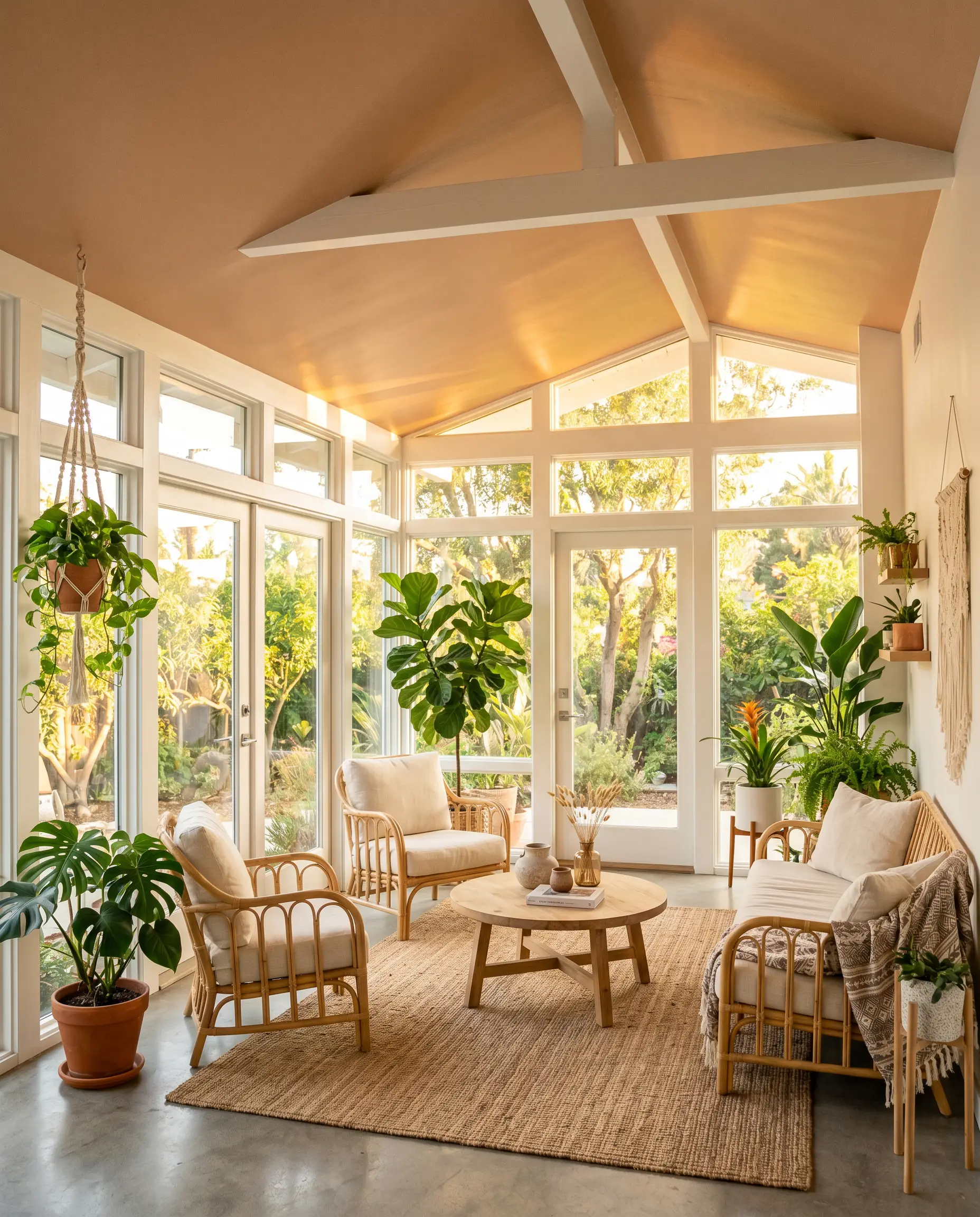 Natural woven furniture and indoor plants fill a heavily windowed sunroom featuring a warm apricot undertone painted ceiling and neutral white walls.