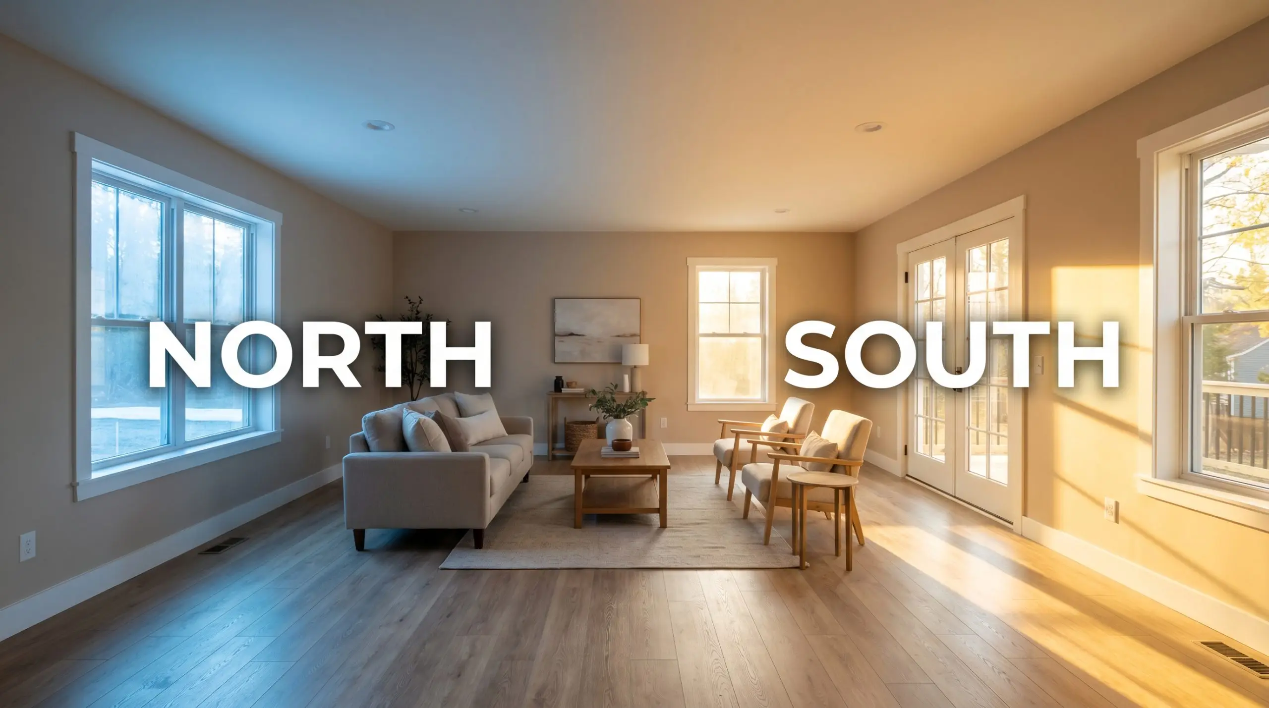 A continuous wide architectural shot demonstrates Behr Artisan Tea (Hex #dac2af) shifting from a flat earthy brown in North-facing light to a warm terracotta-adjacent glow in South-facing exposure.