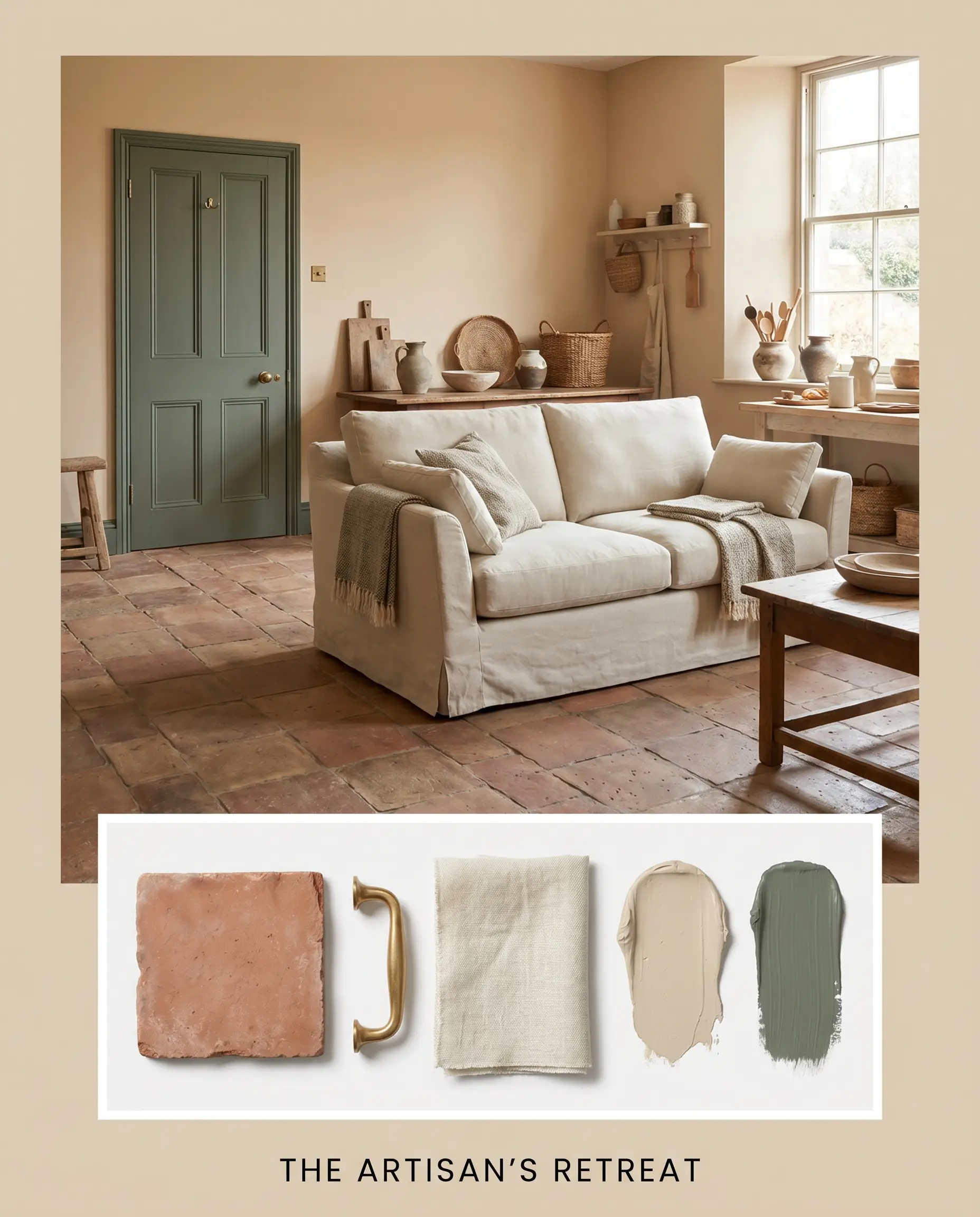 A raw terracotta tile and unlacquered brass hardware rest beside an ivory linen fabric swatch and thick strokes of warm beige and muted green paint.