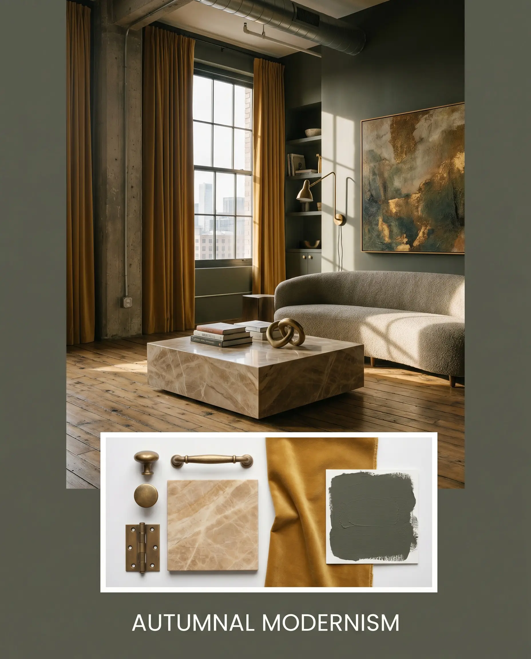An editorial concept board titled AUTUMNAL MODERNISM pairs a sophisticated living room painted in Benjamin Moore Dark Olive (Hex #616253) with a flat-lay of unlacquered brass, warm marble, and mustard velvet.