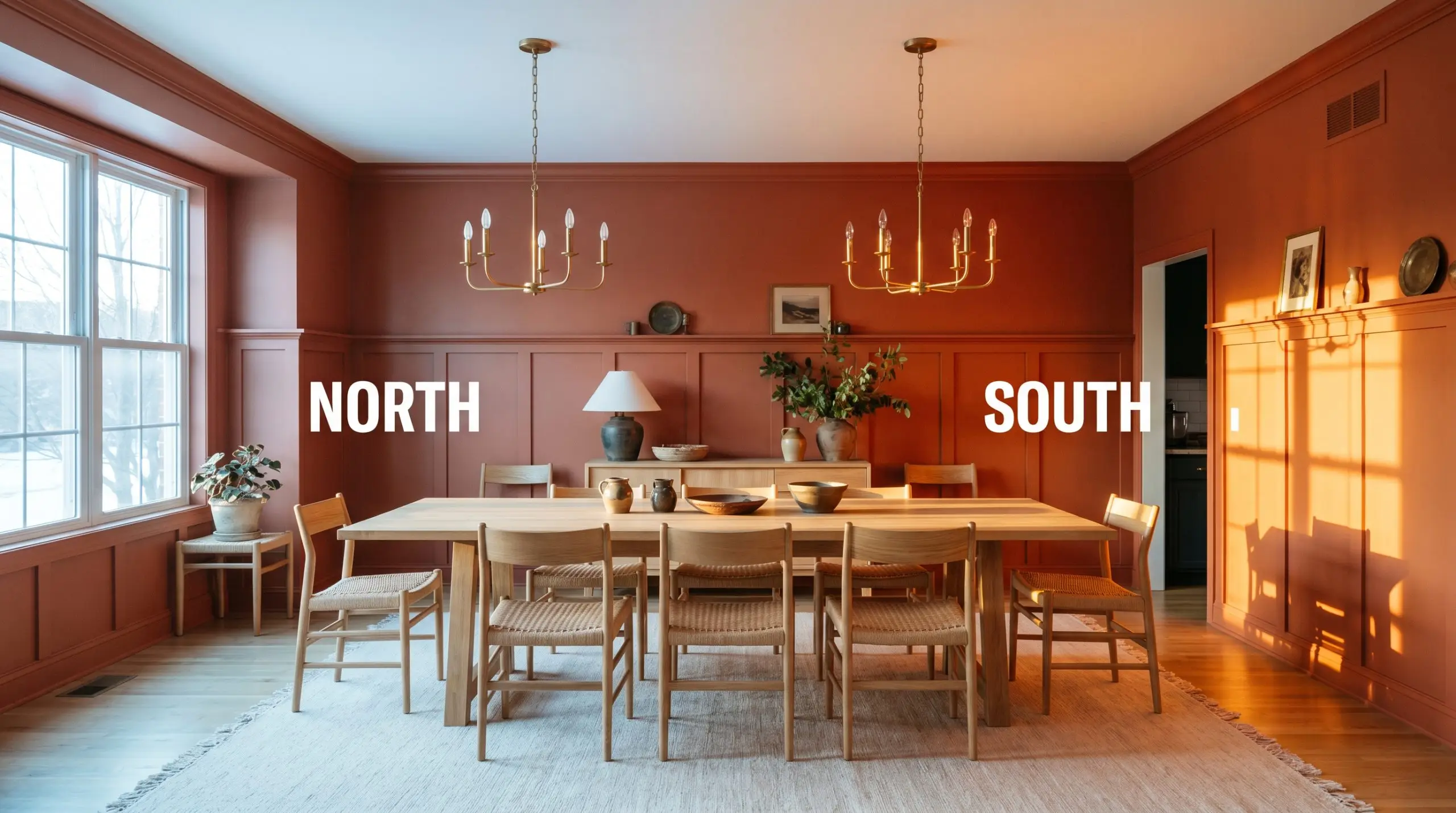 A continuous dining room wainscoting painted in Benjamin Moore Baked Terra Cotta (Hex #B36957) shifts from flat earthy tones in cool Northern light to vibrant orange in warm Southern exposure.