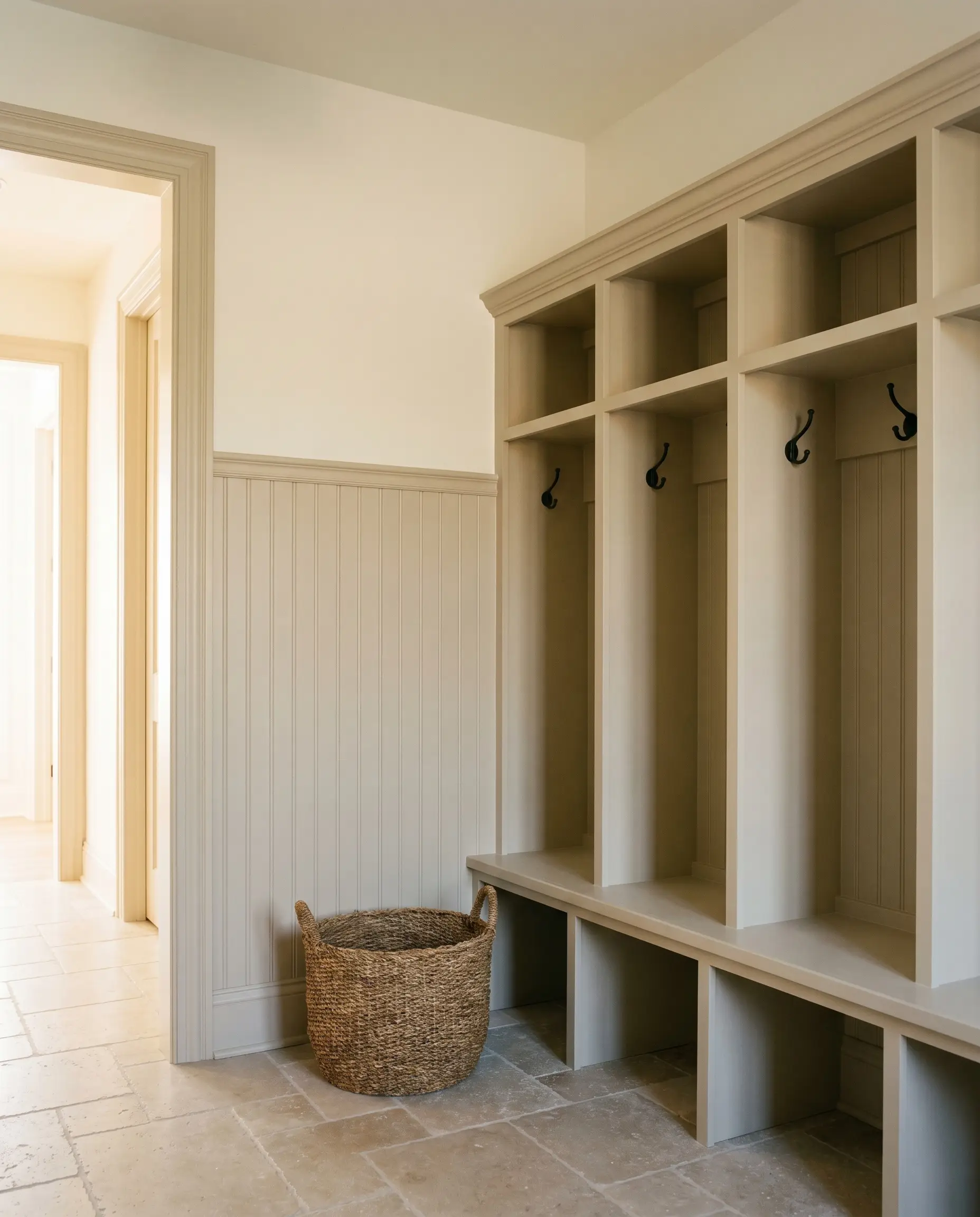 Welcoming mudroom built-in cubbies and beadboard wainscoting painted in PPG Soft Suede (Hex #d8cbad) sit above tumbled limestone floors and a woven basket.