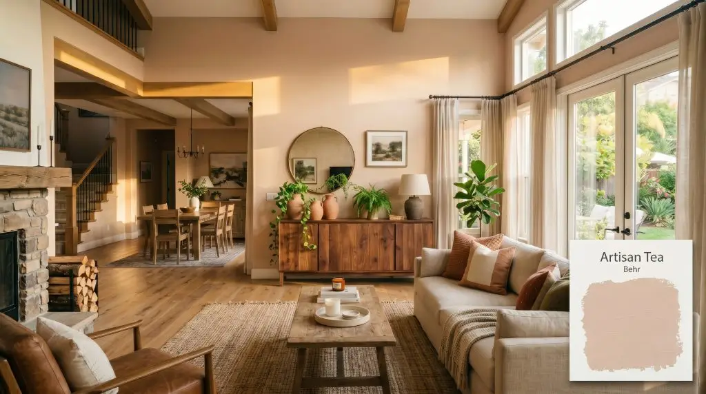 An airy open-concept living room painted in Behr Artisan Tea (Hex #dac2af) features a raw walnut credenza and an oatmeal linen sofa.