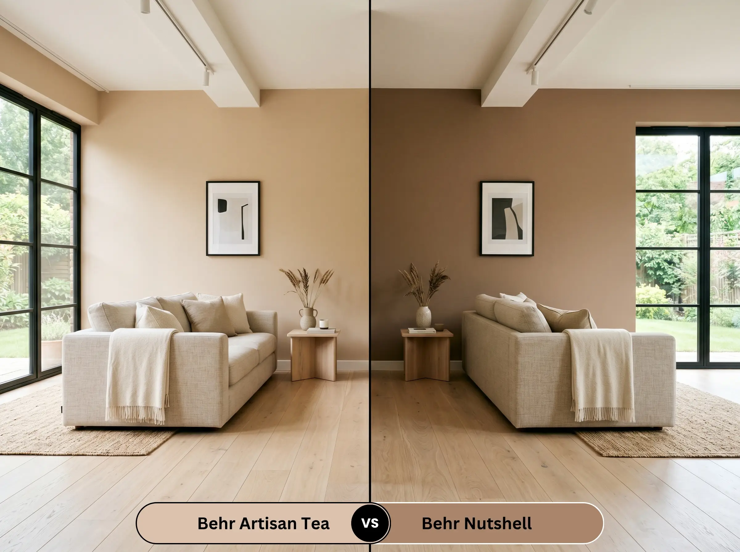 A side-by-side split-screen comparison of Behr Artisan Tea on the left and Behr Nutshell on the right, shown in a sunlit living room with an oatmeal sofa.