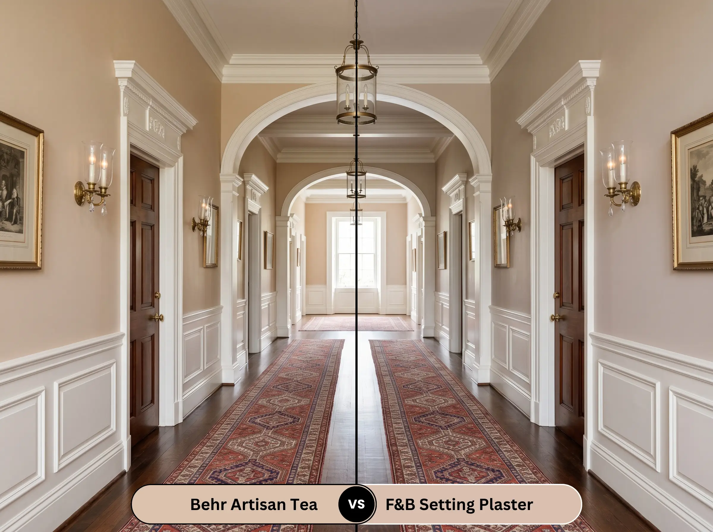A side-by-side split-screen comparison of Behr Artisan Tea on the left and Farrow & Ball Setting Plaster on the right, shown in a historic hallway with white wainscoting.