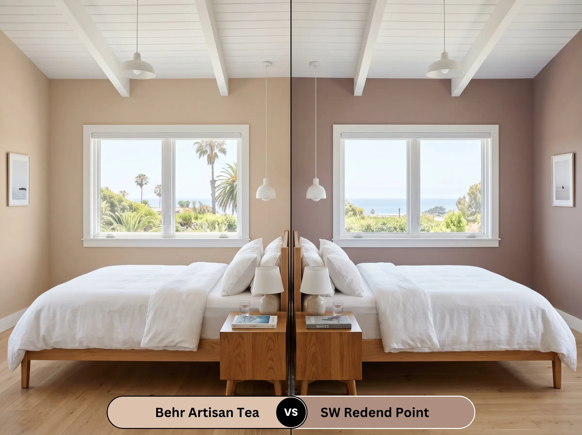 A side-by-side split-screen comparison of Behr Artisan Tea on the left and Sherwin-Williams Redend Point on the right, shown in a north-facing bedroom with crisp white bedding.