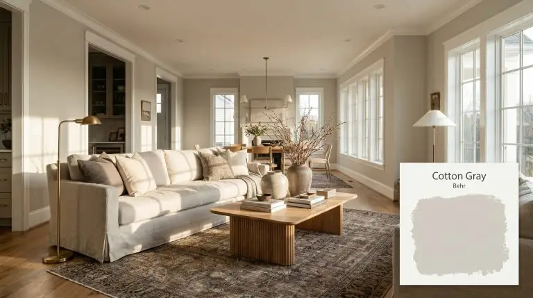 An open-concept living space painted in Behr Cotton Gray (Hex #D1CCC3) features a slipcovered linen sofa, layered vintage rugs, and a fluted oak coffee table.