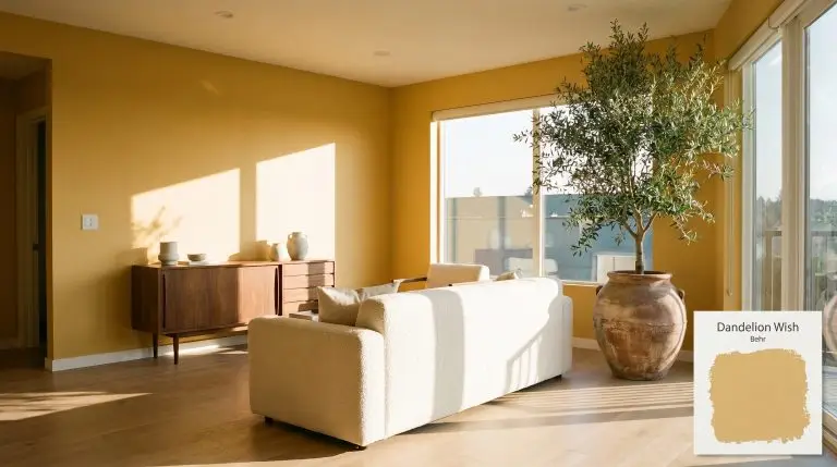 A mid-tone walnut credenza and cream boucle sofa anchor a sun-drenched living room painted in Behr Dandelion Wish (Hex #e3bb65).
