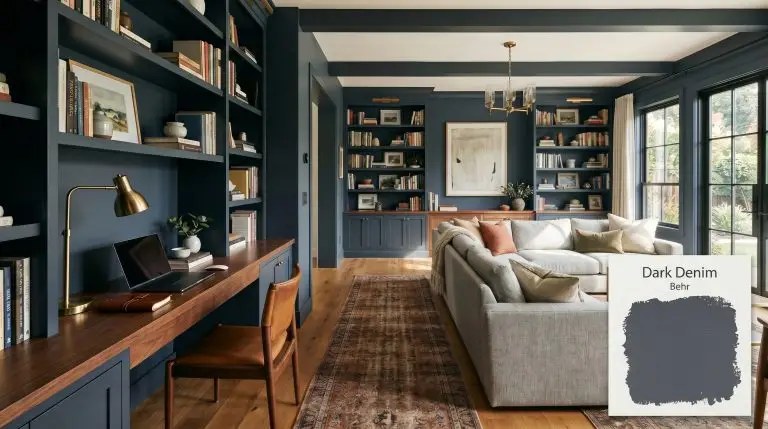 A transitional open-plan study features built-in bookshelves painted in Behr Dark Denim (Hex #48505d), a warm walnut desk, and an oversized light gray sectional.